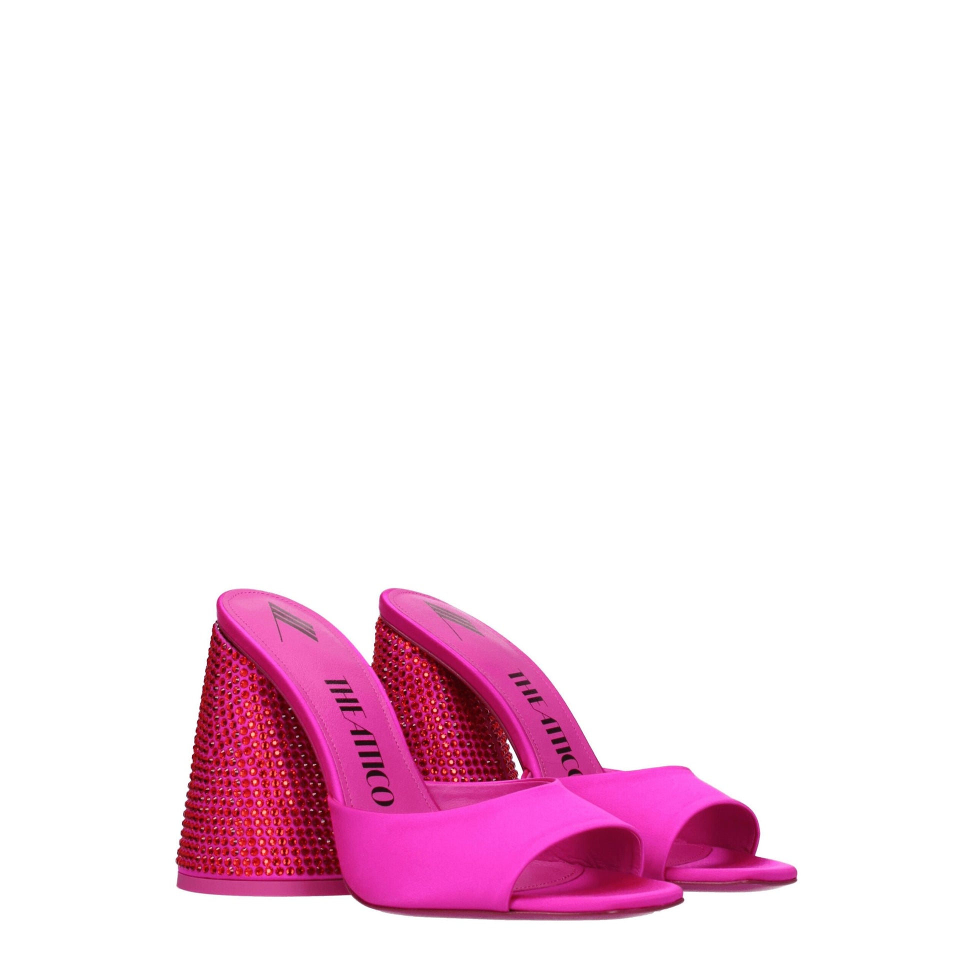 Very-High-Heel Sandals by The Attico for women in leather & satin and fuchsia, pink & red presents a captivating silhouette, showcasing the signature style of the Women's Leather & Satin Very-High-Heel Sandals with a captivating high-heel 11-cm-heel very-high-heel and captivating open toe style.