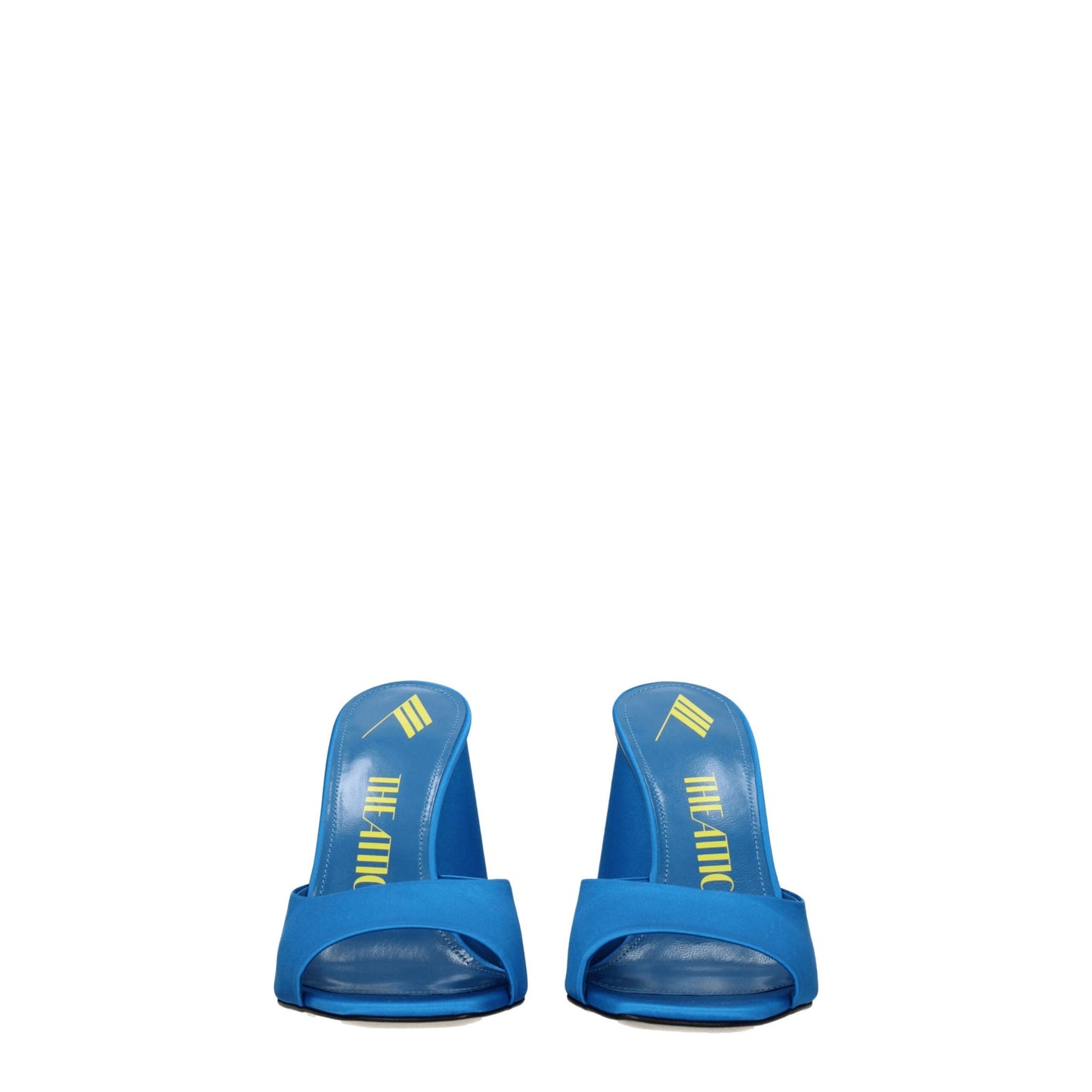 High-Heel Sandals by The Attico for women in leather & satin light-blue & turquoise showcases a sculptural silhouette as Women's Leather & Satin High-Heel Sandals, defined by a sculptural high-heel 10-5-cm-heel and sculptural open toe style for a sculptural look.