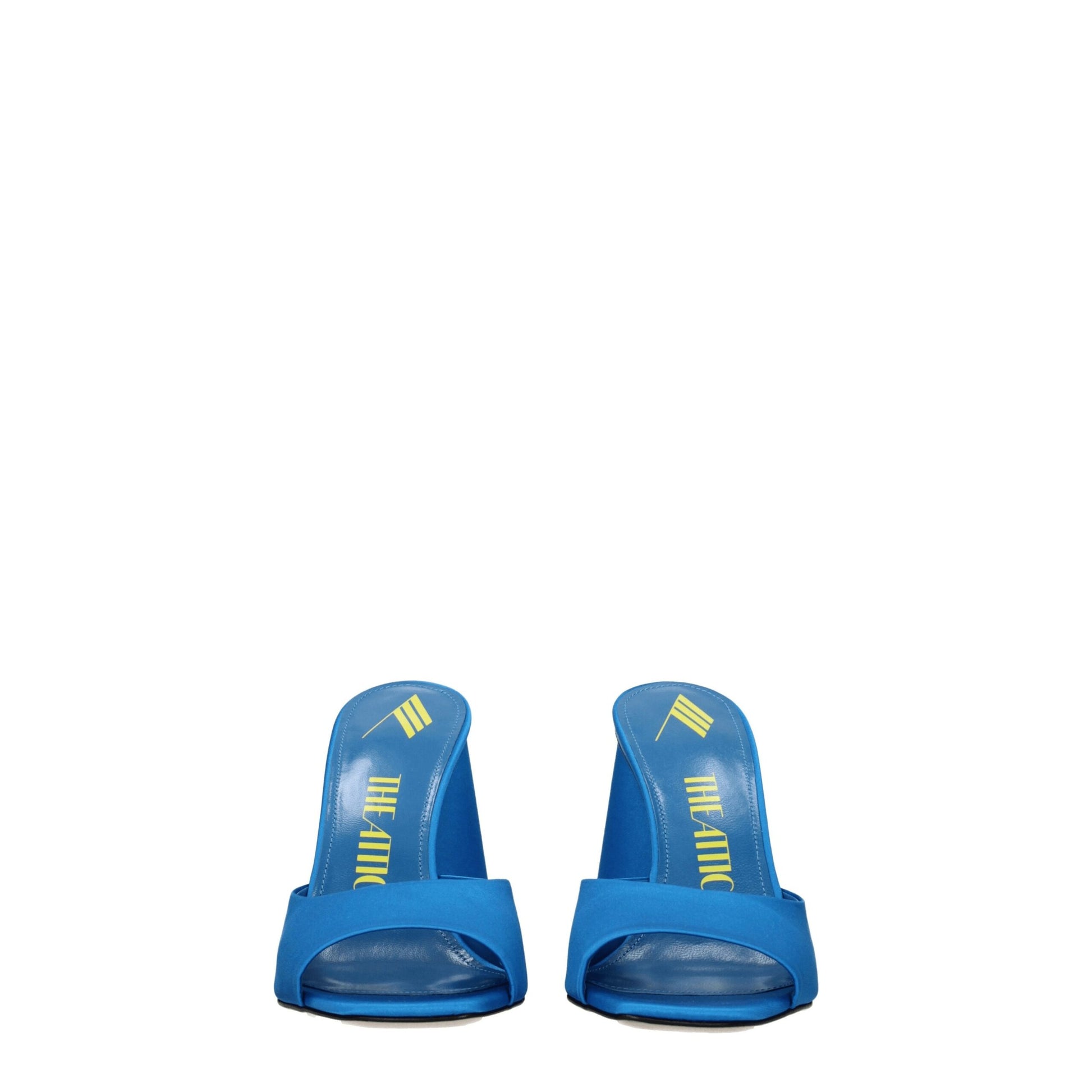 High-Heel Sandals by The Attico for women in leather & satin light-blue & turquoise showcases a sculptural silhouette as Women's Leather & Satin High-Heel Sandals, defined by a sculptural high-heel 10-5-cm-heel and sculptural open toe style for a sculptural look.