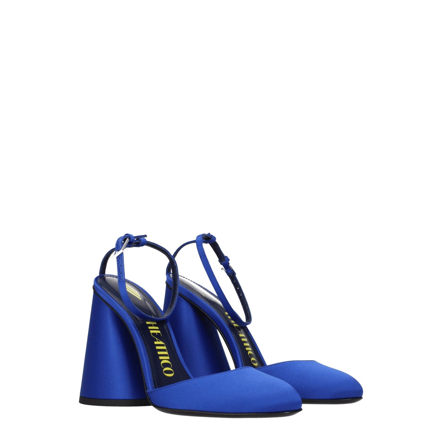 High-Heel Sandals by The Attico for women in leather & satin blue presents a sculptural silhouette, showcasing the Women's Leather & Satin High-Heel Sandals design with a sculptural high-heel 10-5-cm-heel and round toe style for a premium look.