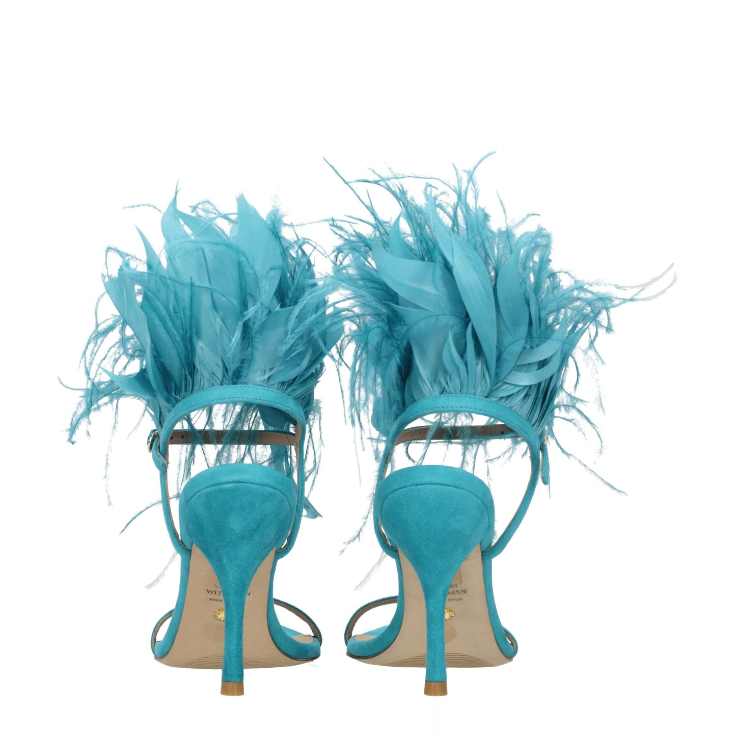 High-Heel Sandals by Stuart Weitzman for women in suede leather and green presents a captivating silhouette, showcasing the signature style of the Women's Suede Leather High-Heel Sandals with a captivating high-heel 10-cm-heel and captivating open toe style.