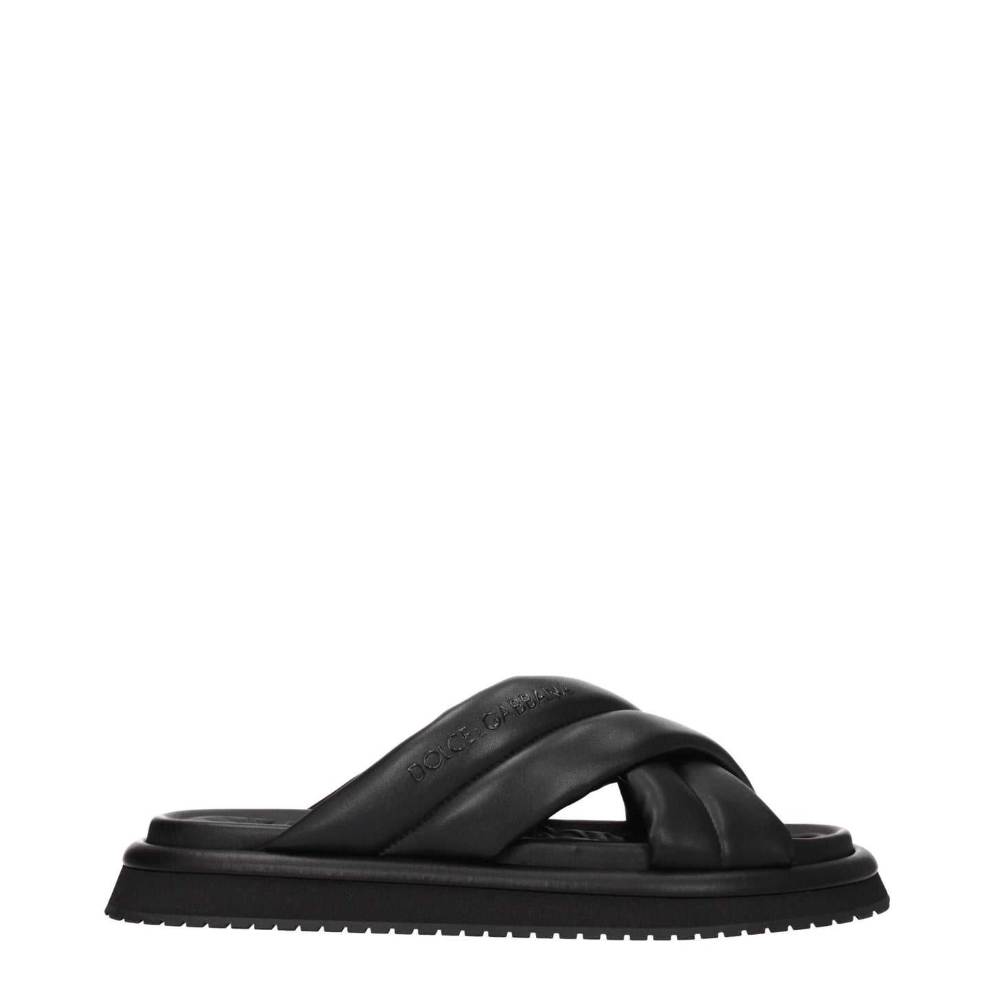Flat Clogs Slippers by Dolce & Gabbana for men in leather & rubber black features an effortlessly elegant silhouette, showcasing the Men's Leather & Rubber Flat Clogs Slippers design with an effortlessly elegant flat and a open toe style for a effortlessly elegant look.