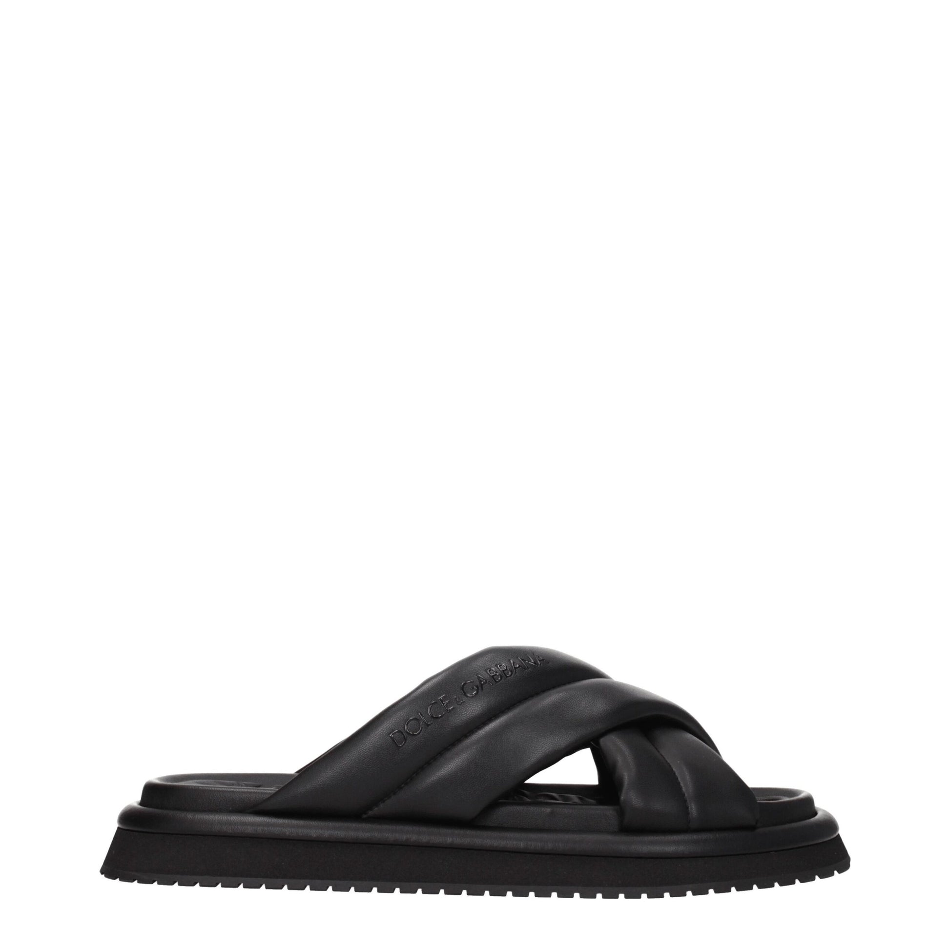 Flat Clogs Slippers by Dolce & Gabbana for men in leather & rubber black features an effortlessly elegant silhouette, showcasing the Men's Leather & Rubber Flat Clogs Slippers design with an effortlessly elegant flat and a open toe style for a effortlessly elegant look.