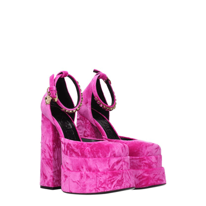 High-Heel Platform Sandals by Versace for women in leather & rhinestone fuchsia, gold & pink features an exquisite silhouette, showcasing the exquisite Women's Leather & Rhinestone High-Heel Platform Sandals with a high-heel platform and square toe style.