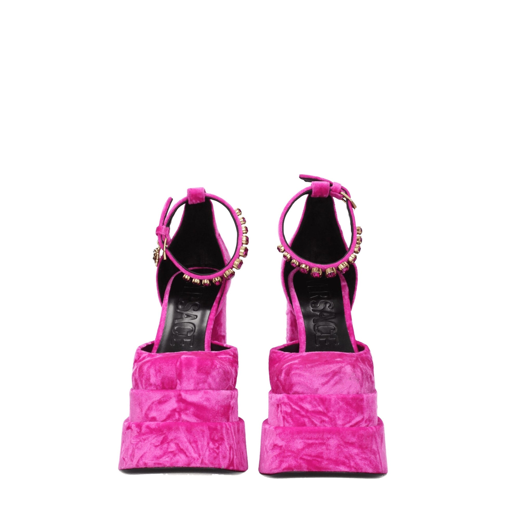 High-Heel Platform Sandals by Versace for women in leather & rhinestone fuchsia, gold & pink presents a sculptural silhouette, showcasing the Women's Leather & Rhinestone High-Heel Platform Sandals design with a sculptural high-heel platform and square toe style for a premium look.