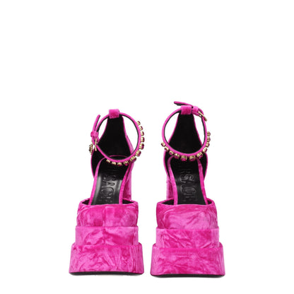 High-Heel Platform Sandals by Versace for women in leather & rhinestone fuchsia, gold & pink presents a sculptural silhouette, showcasing the Women's Leather & Rhinestone High-Heel Platform Sandals design with a sculptural high-heel platform and square toe style for a premium look.