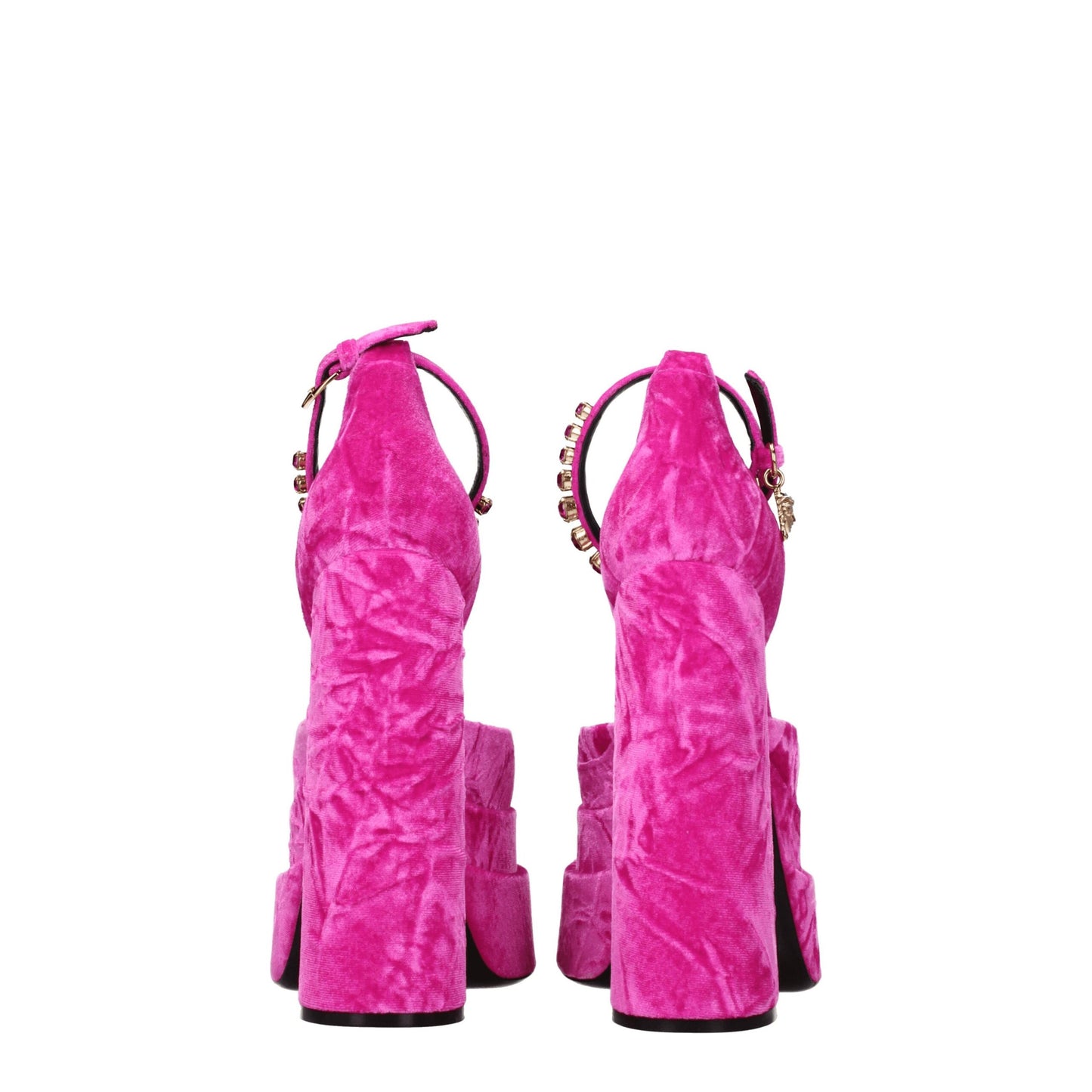 High-Heel Platform Sandals by Versace for women in leather & rhinestone and fuchsia, gold & pink presents a captivating silhouette, showcasing the signature style of the Women's Leather & Rhinestone High-Heel Platform Sandals with a captivating high-heel platform and captivating square toe style.