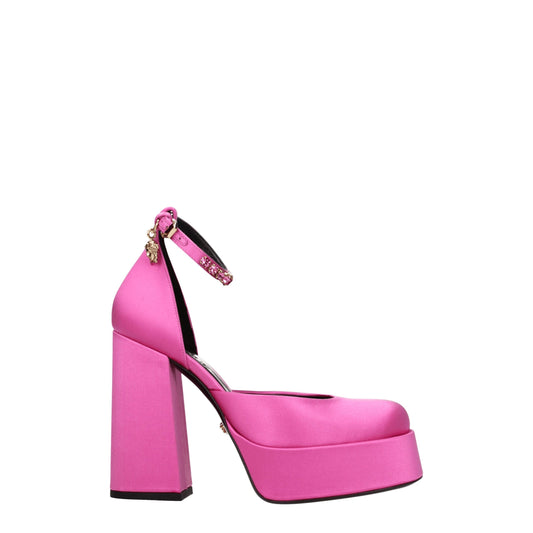 Very-High-Heel Sandals by Versace for women in leather & satin gold & pink features an exquisite silhouette, showcasing the exquisite Women's Leather & Satin Very-High-Heel Sandals with a high-heel 12-5-cm-heel very-high-heel and round toe style.