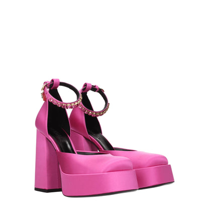 Very-High-Heel Sandals by Versace for women in leather & satin gold & pink showcases a sculptural silhouette as Women's Leather & Satin Very-High-Heel Sandals, defined by a sculptural high-heel 12-5-cm-heel very-high-heel and sculptural round toe style for a sculptural look.