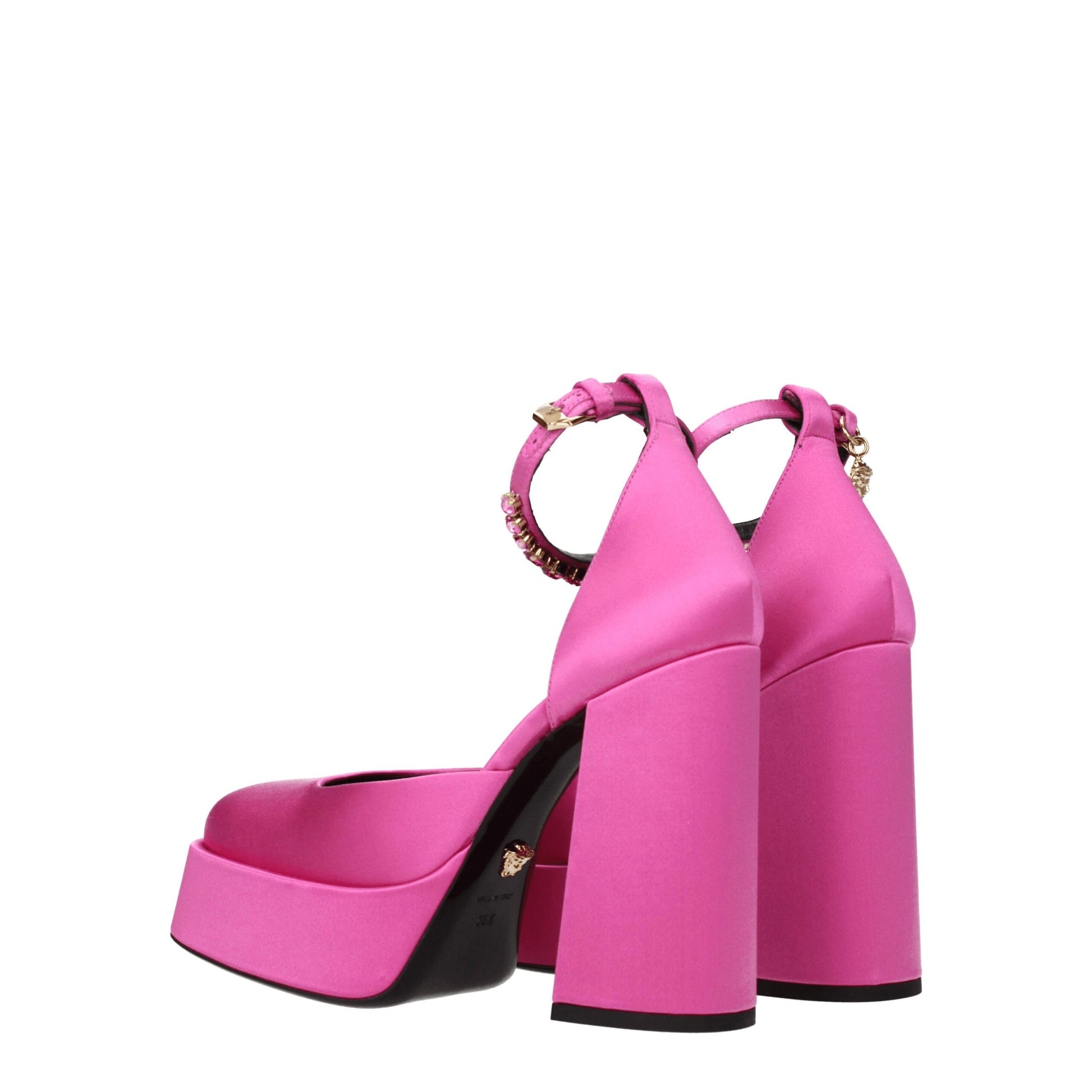 Very-High-Heel Sandals by Versace for women in leather & satin gold & pink showcases a sculptural silhouette as Women's Leather & Satin Very-High-Heel Sandals, defined by a sculptural high-heel 12-5-cm-heel very-high-heel and sculptural round toe style for a sculptural look.