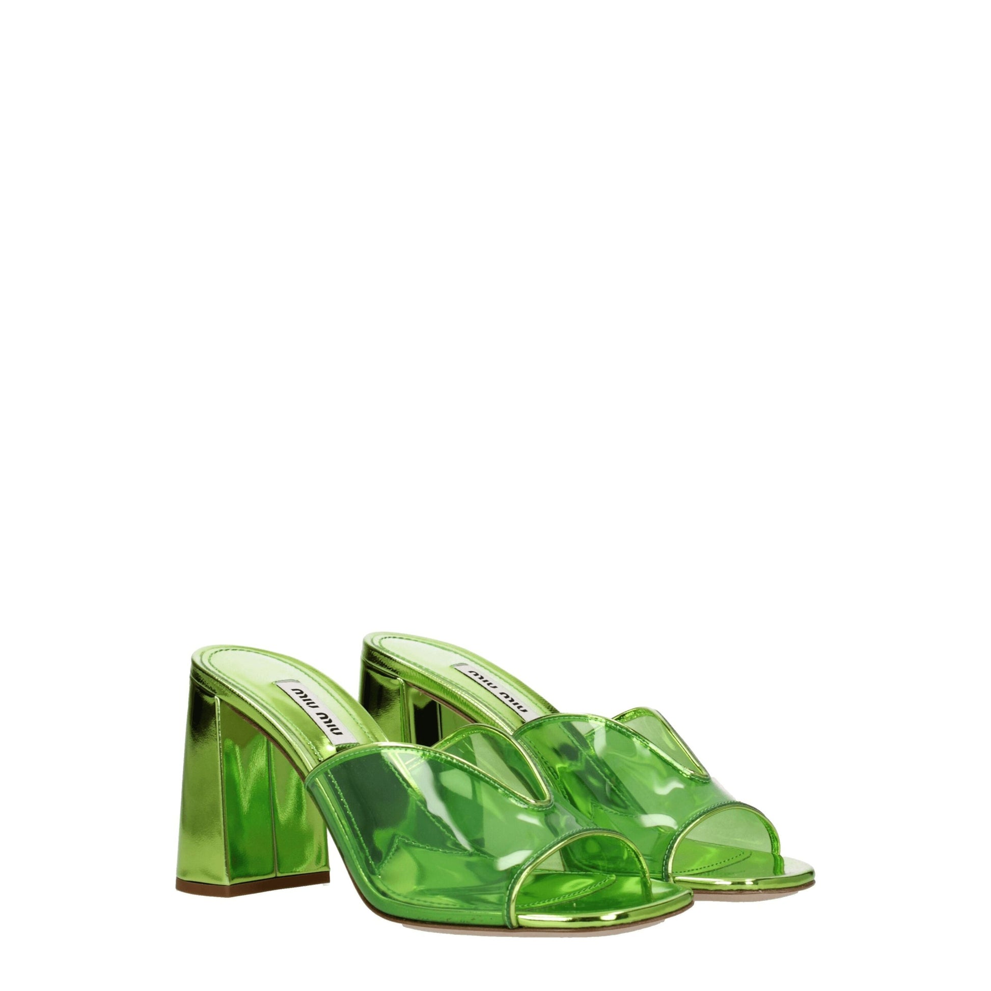 High-Heel Sandals by Miu Miu for women in leather & plexiglass green features an statuesque Women's Leather & Plexiglass High-Heel Sandals silhouette with a refined 8-5-cm-heel high-heel and elegant open toe style.
