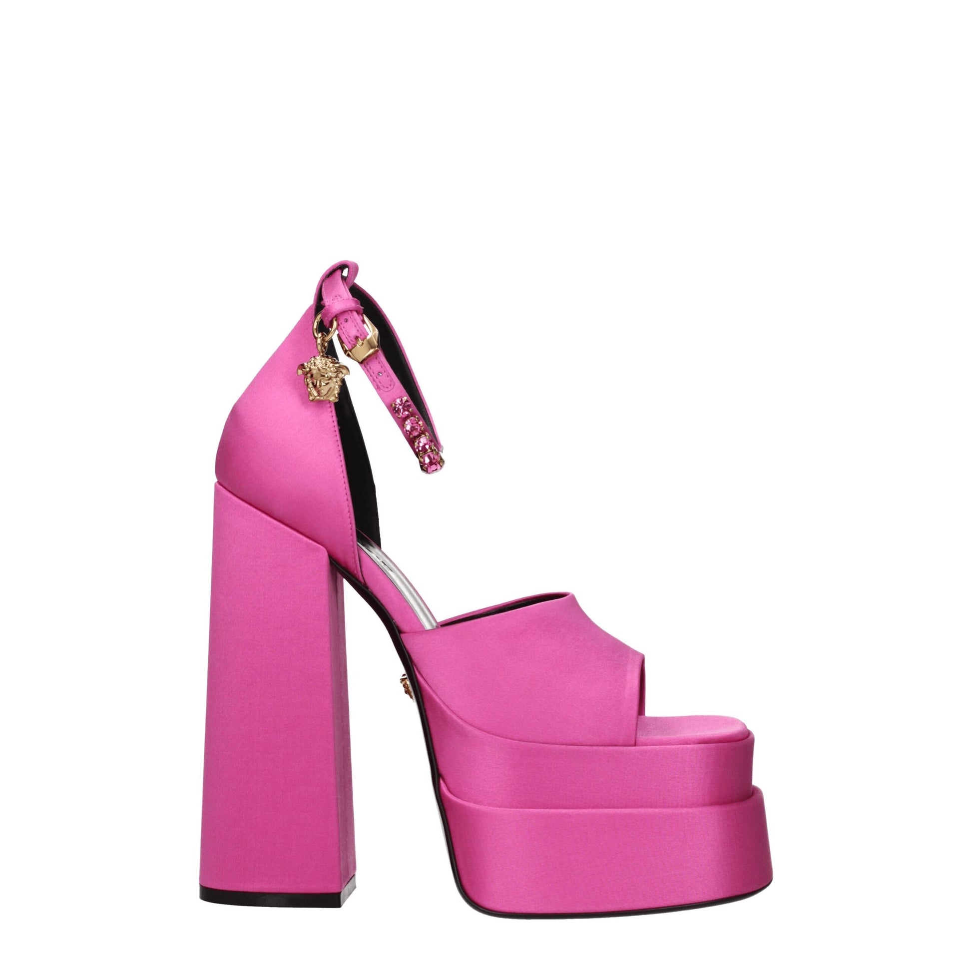 High-Heel Sandals by Versace for women in leather & satin fuchsia & pink features an effortlessly chic silhouette from the Women's Leather & Satin High-Heel Sandals collection, showcasing a effortlessly chic high-heel and elegant open toe style.