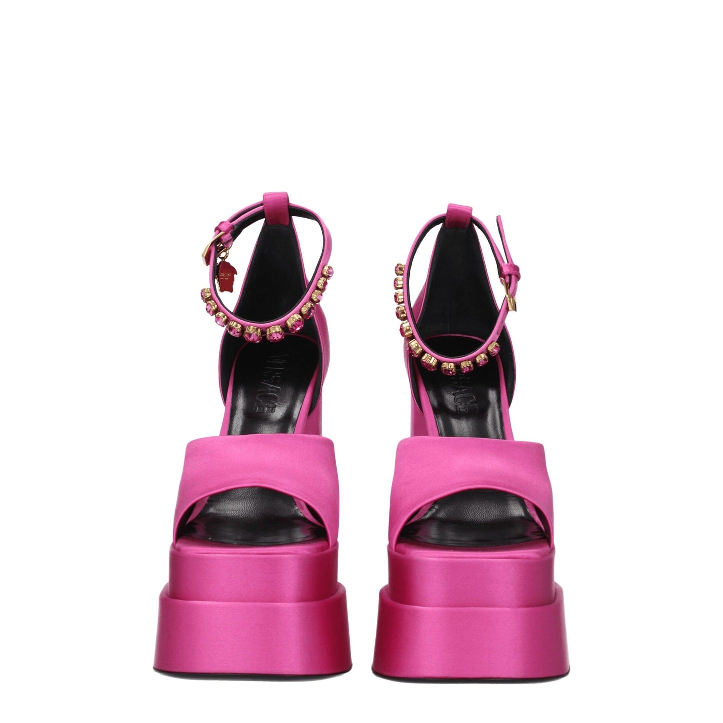 High-Heel Sandals by Versace for women in leather & satin and fuchsia & pink presents a captivating silhouette, showcasing the signature style of the Women's Leather & Satin High-Heel Sandals with a captivating high-heel and captivating open toe style.