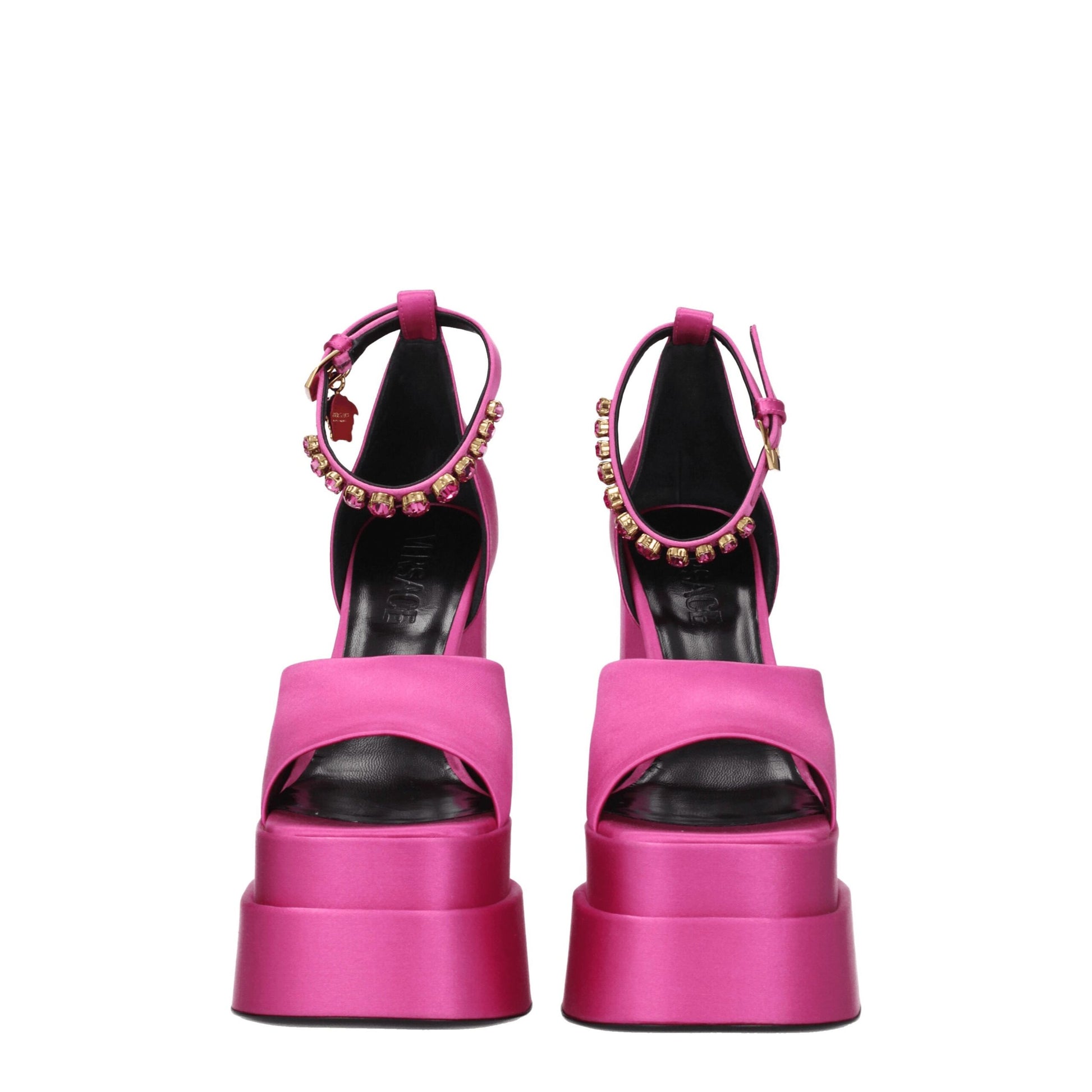 High-Heel Sandals by Versace for women in leather & satin and fuchsia & pink presents a captivating silhouette, showcasing the signature style of the Women's Leather & Satin High-Heel Sandals with a captivating high-heel and captivating open toe style.