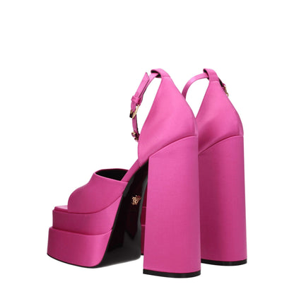 High-Heel Sandals by Versace for women in leather & satin fuchsia & pink features an effortlessly chic silhouette from the Women's Leather & Satin High-Heel Sandals collection, showcasing a effortlessly chic high-heel and elegant open toe style.
