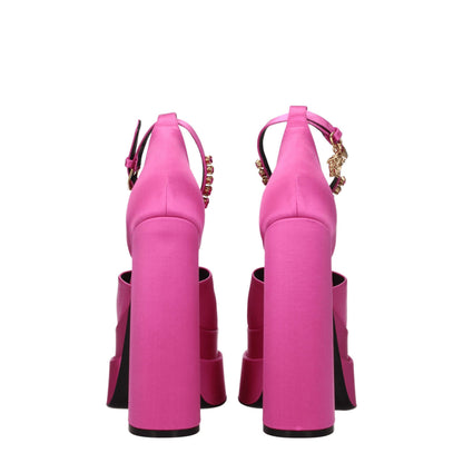 High-Heel Sandals by Versace for women in leather & satin fuchsia & pink features an statuesque Women's Leather & Satin High-Heel Sandals silhouette with a refined high-heel and elegant open toe style.
