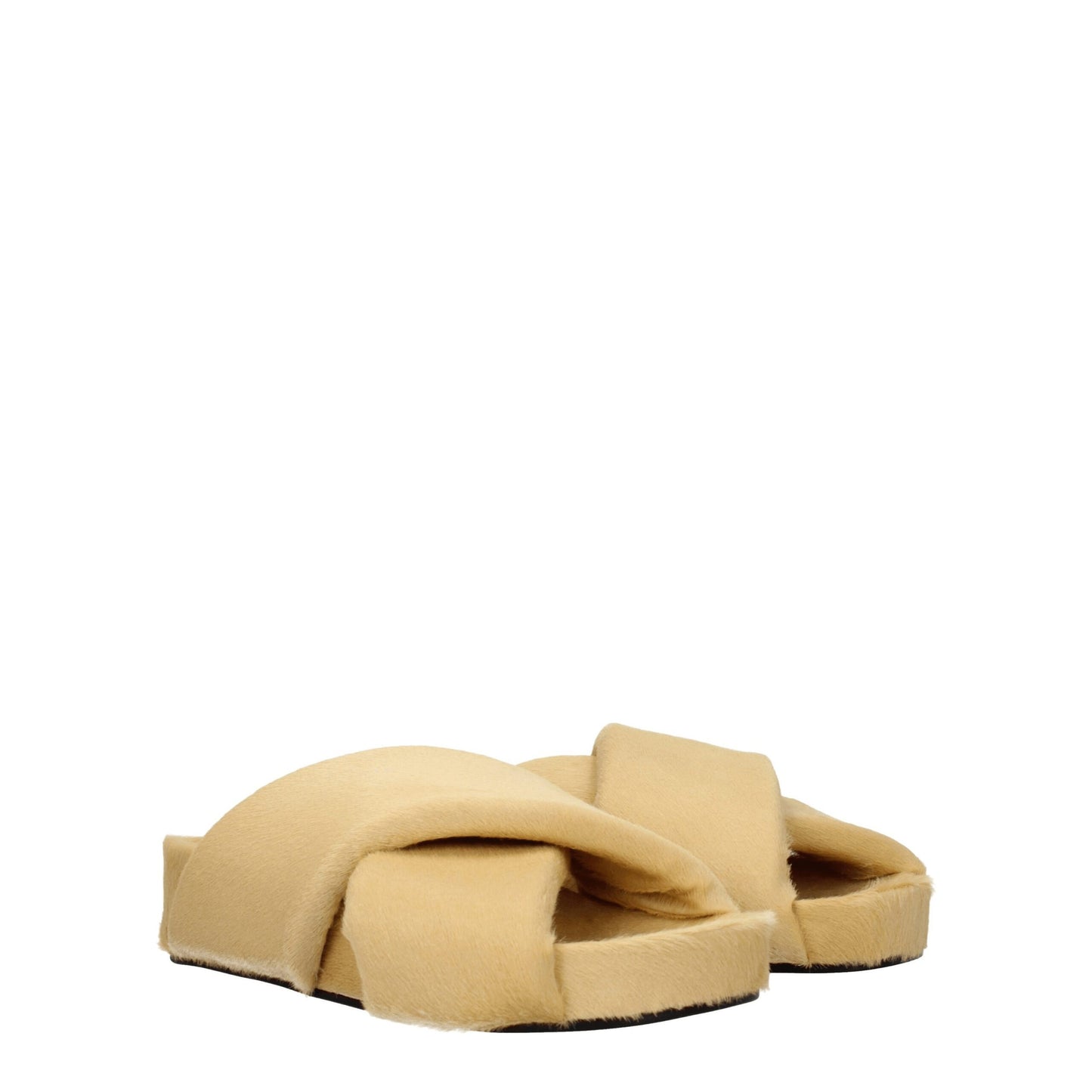 Wedge Clogs Sandals by Jil Sander for women in leather beige & champagne features an statuesque Pony Women's Leather Wedge Clogs Sandals silhouette with a refined wedge and elegant open toe style.