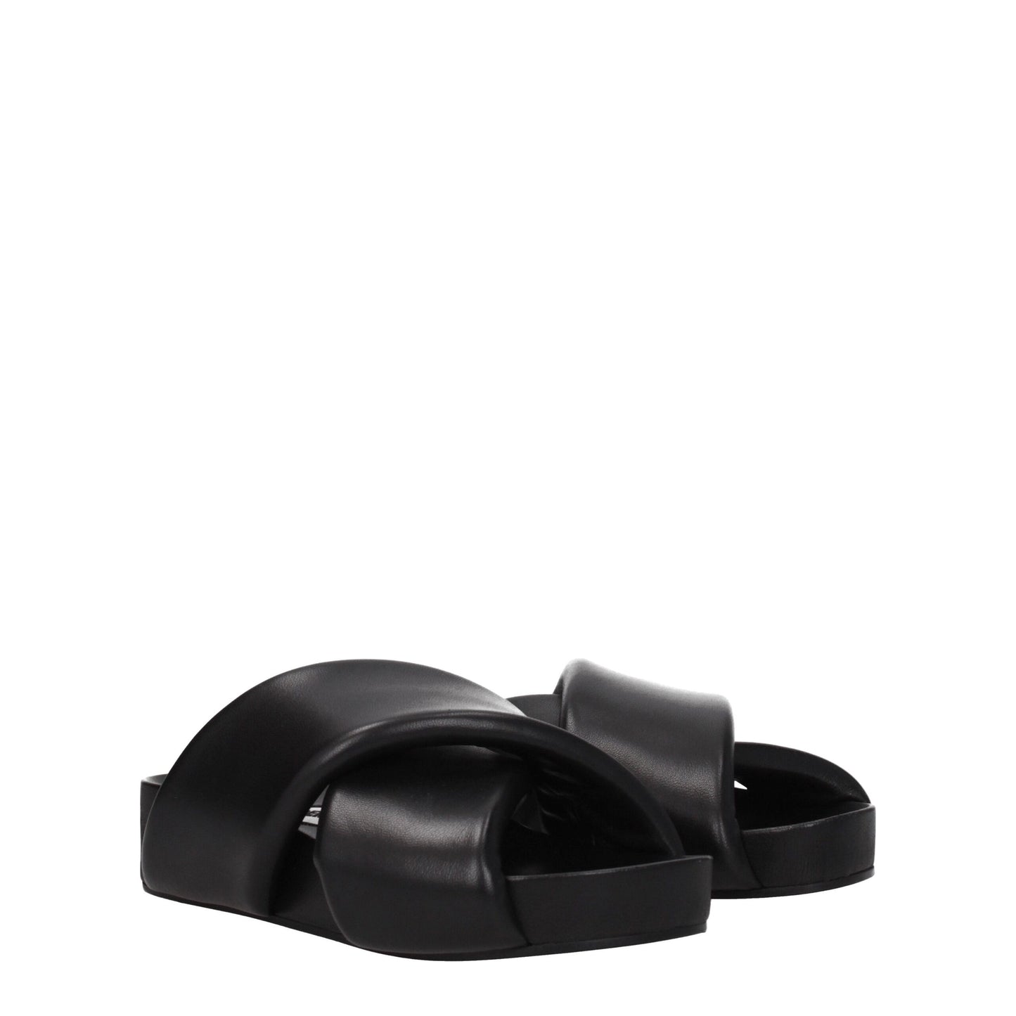 Mid-Heel Clogs Sandals by Jil Sander for women in leather black showcases a sculptural silhouette as Women's Leather Mid-Heel Clogs Sandals, defined by a sculptural 4-cm-heel mid-heel and sculptural open toe style for a sculptural look.