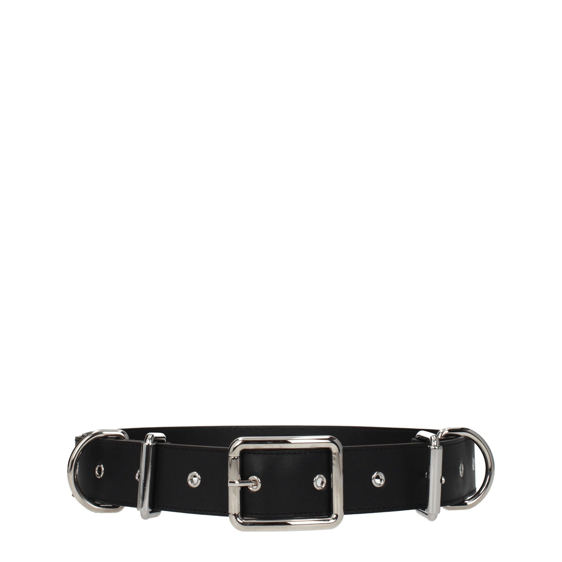 Belt by Moschino for women in leather black & silver features an artisanal finish, elegantly showcasing the signature style and artisanal craftsmanship of the Leather Belt design.