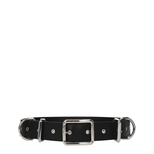 Belt by Moschino for women in leather black & silver features an artisanal finish, elegantly showcasing the signature style and artisanal craftsmanship of the Leather Belt design.