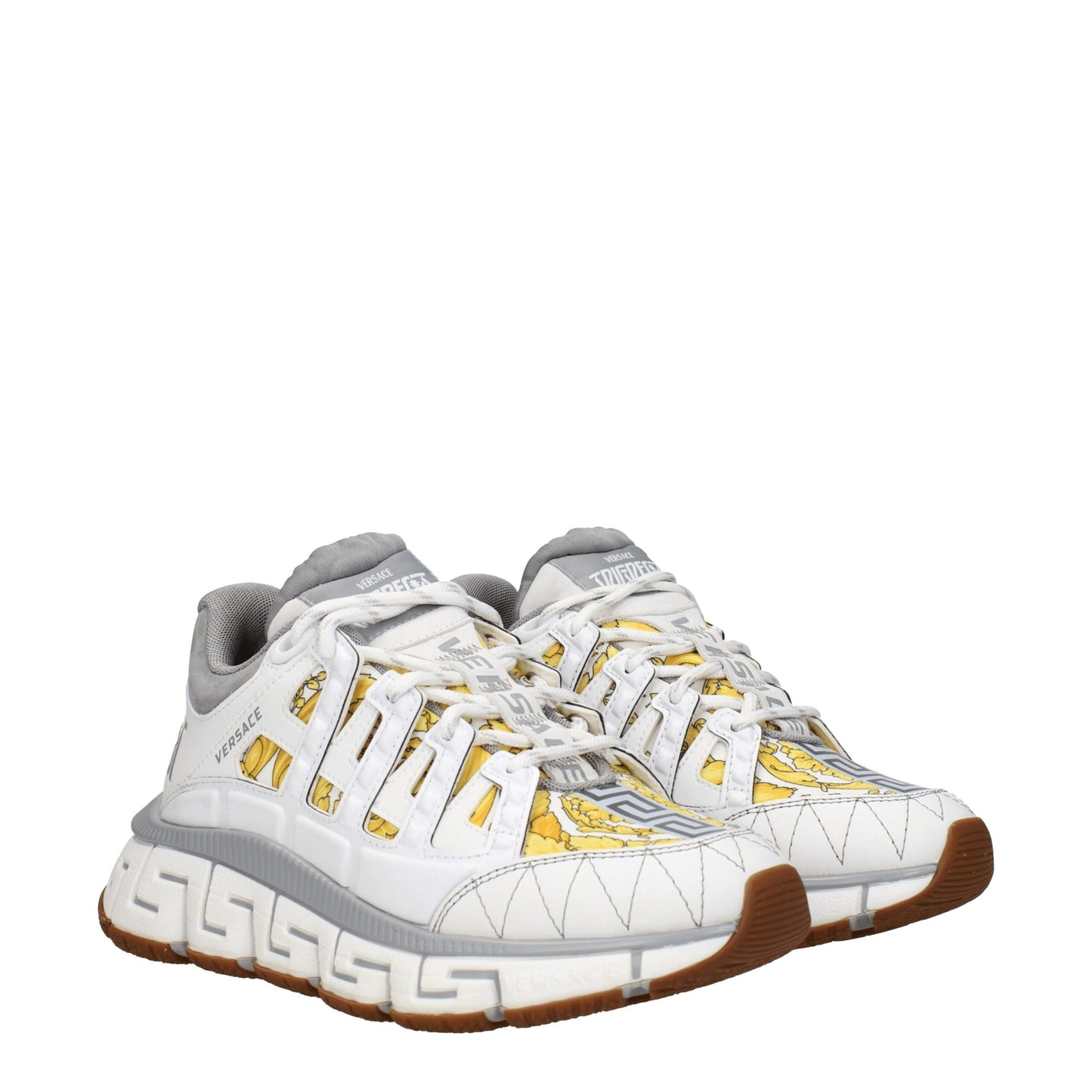Athletic Sneakers by Versace for women in leather gray, white & print features an exquisite silhouette, showcasing the premium athletic style of the Women's Athletic Leather Sneakers with an exquisite finish.