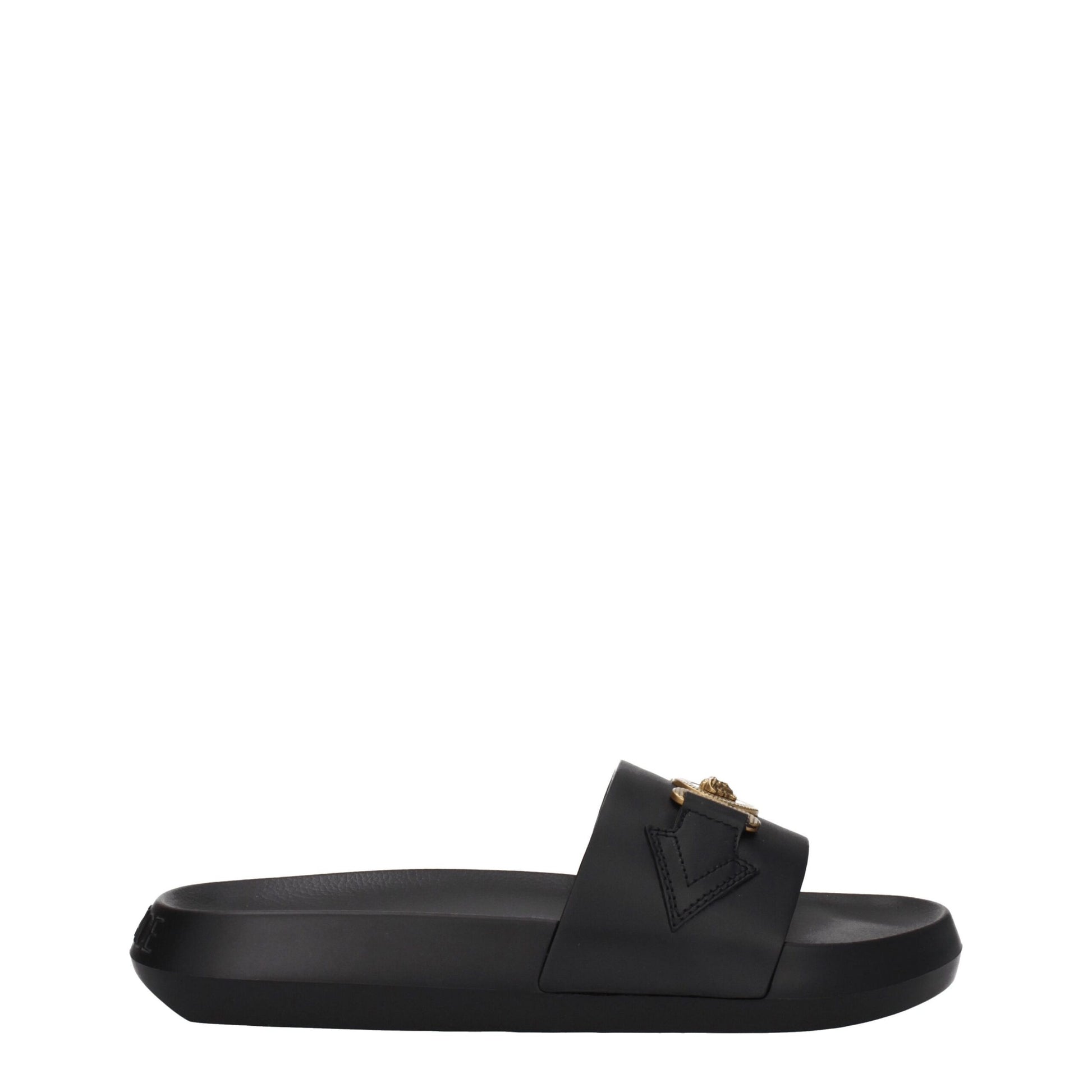 Flat Clogs Sandals by Versace for men in leather & rubber black & gold showcases a sculptural silhouette as Men's Leather & Rubber Flat Clogs Sandals, defined by a sculptural flat and sculptural open toe style for a sculptural look.