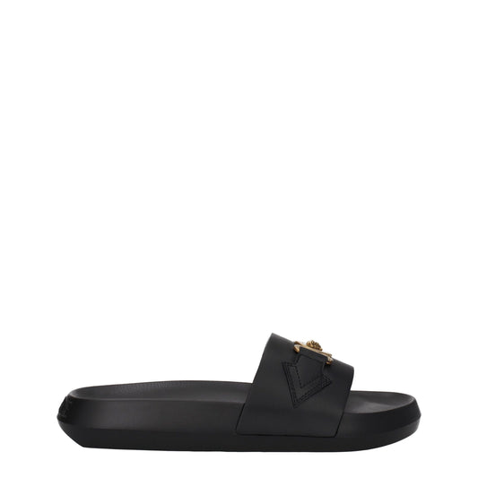 Flat Clogs Sandals by Versace for men in leather & rubber black & gold showcases a sculptural silhouette as Men's Leather & Rubber Flat Clogs Sandals, defined by a sculptural flat and sculptural open toe style for a sculptural look.