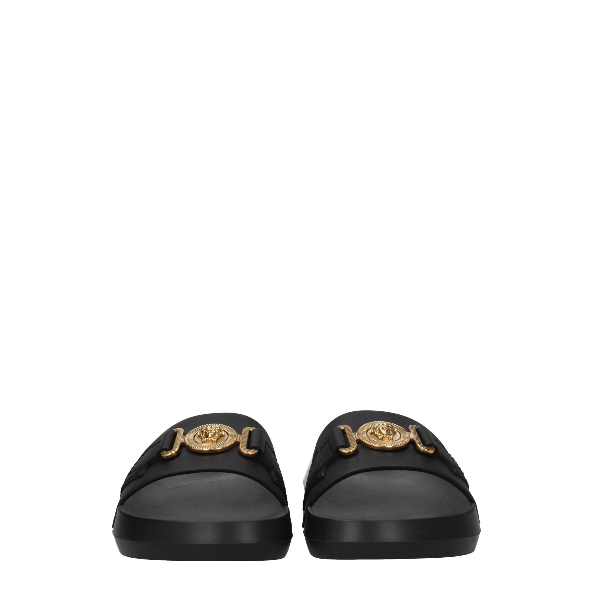 Flat Clogs Sandals by Versace for women in black & gold features an statuesque Women's Leather & Rubber Flat Clogs Sandals silhouette with a refined flat and elegant open toe style.