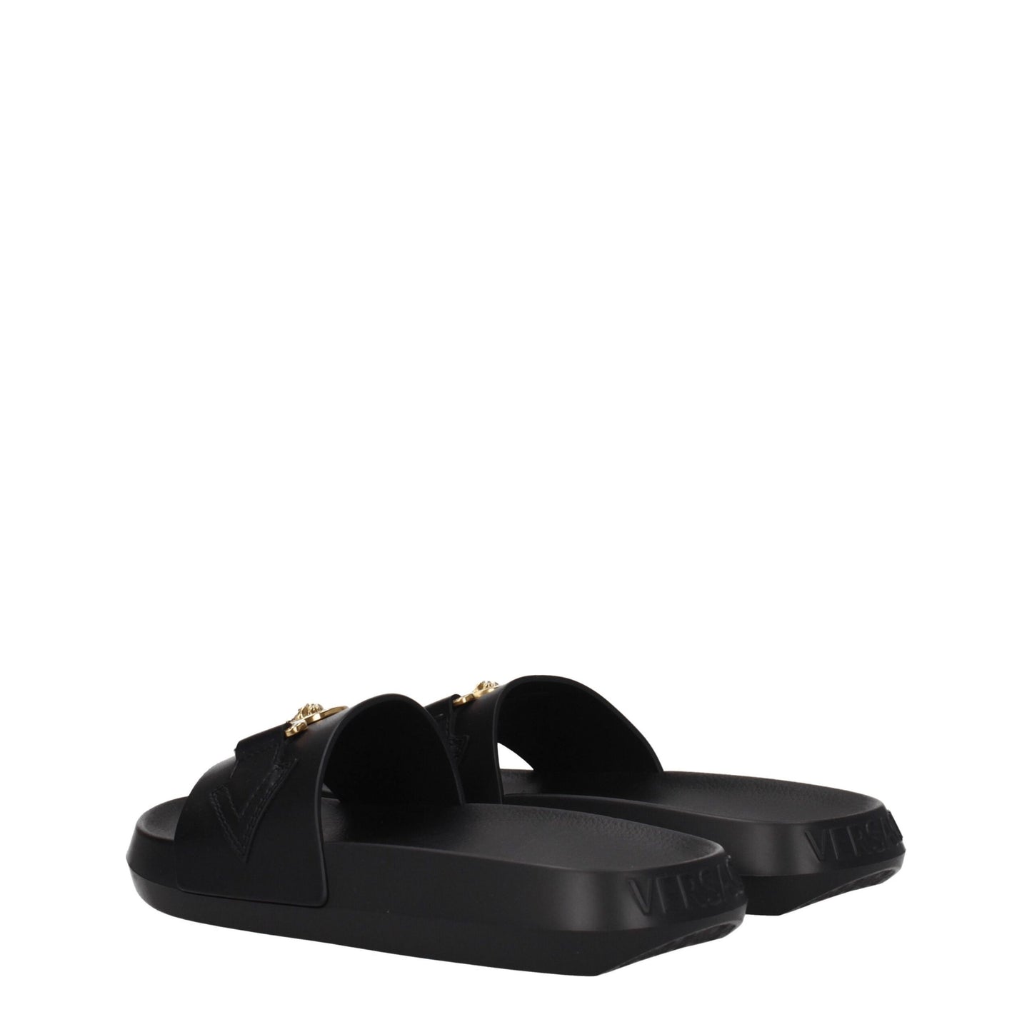 Flat Clogs Sandals by Versace for women in and black & gold presents a captivating silhouette, showcasing the signature style of the Women's Leather & Rubber Flat Clogs Sandals with a captivating flat and captivating open toe style.