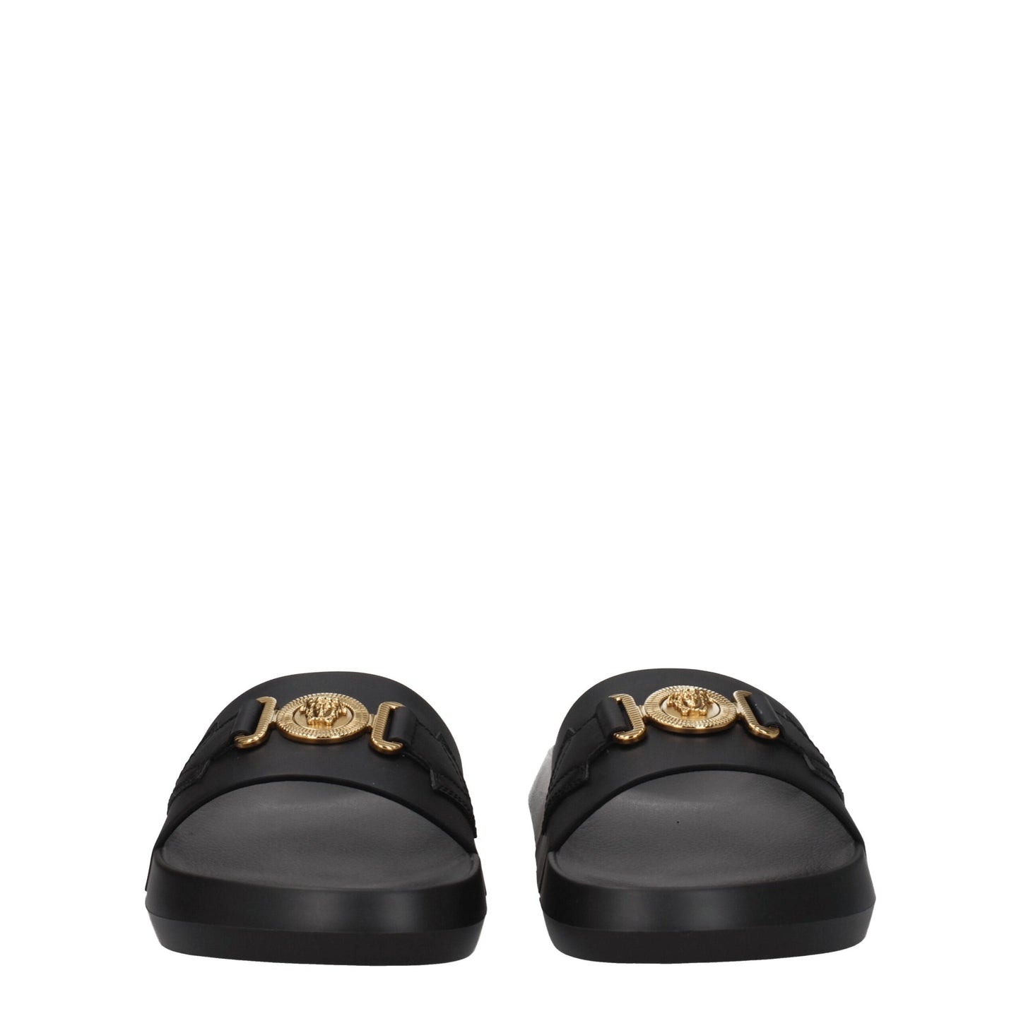 Flat Clogs Sandals by Versace for men in leather & rubber black & gold features an exquisite silhouette, showcasing the exquisite Men's Leather & Rubber Flat Clogs Sandals with a flat and open toe style.