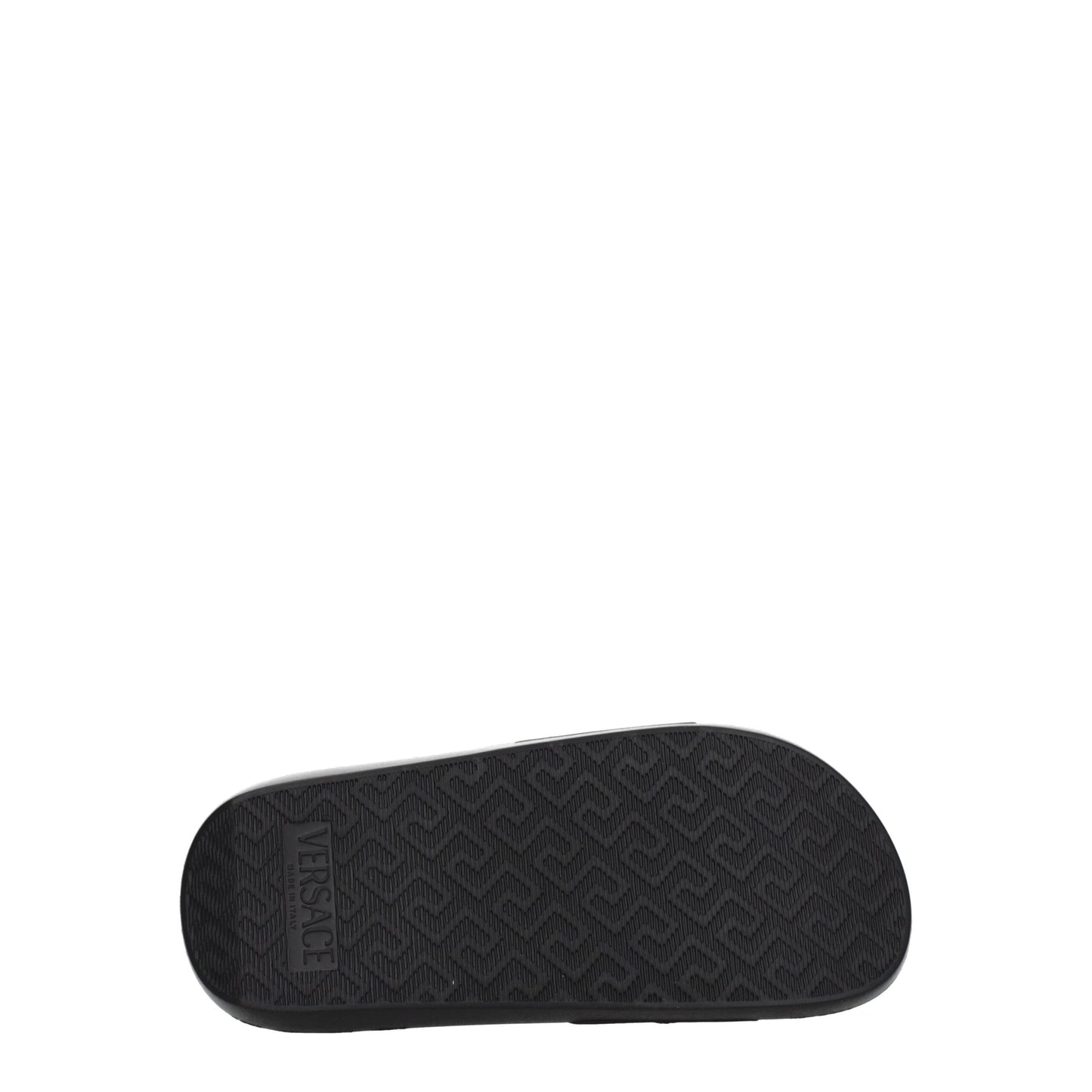 Flat Clogs Sandals by Versace for women in black & gold features an architectural design from the Women's Leather & Rubber Flat Clogs Sandals collection, defined by a architectural flat and open toe style for a architectural finish.