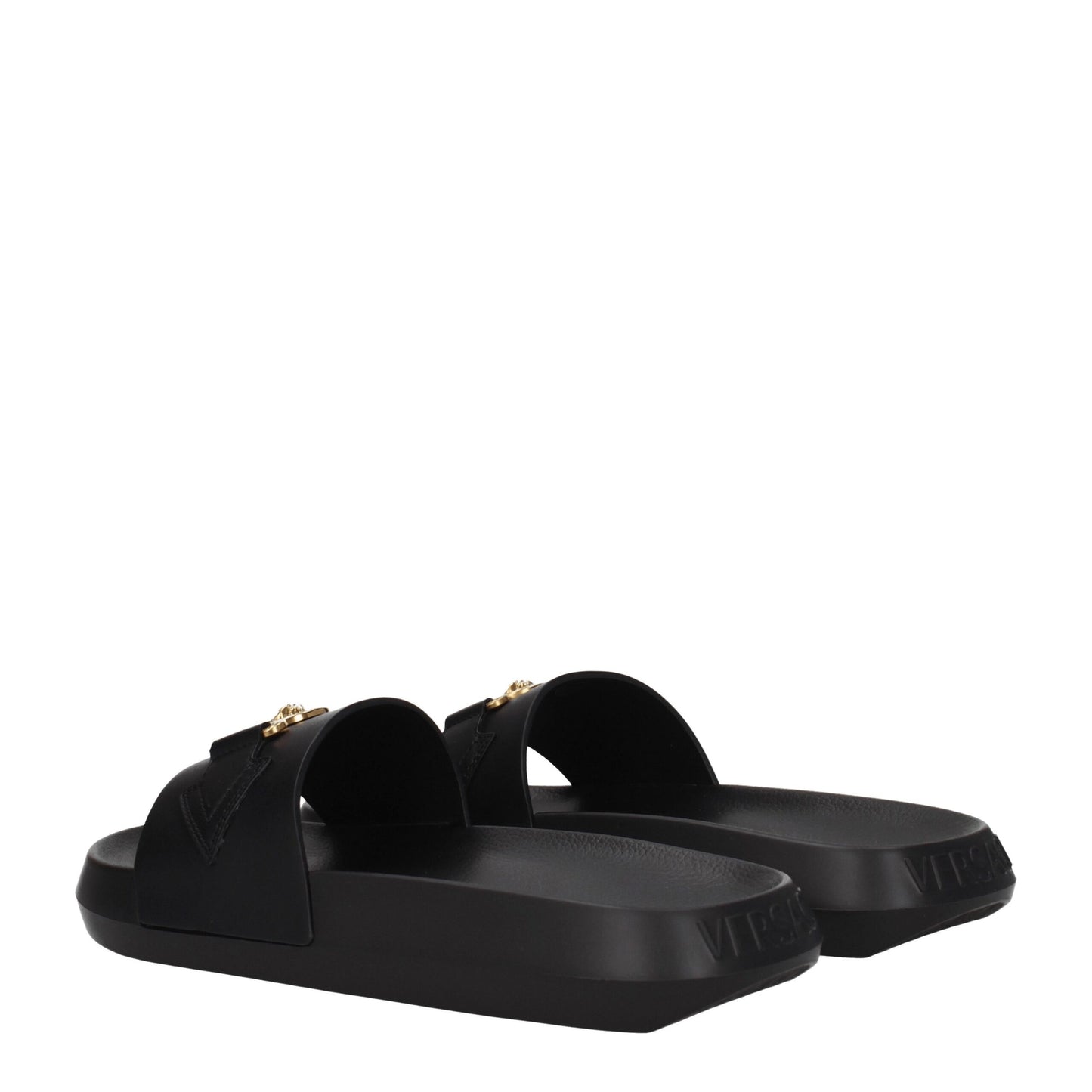 Flat Clogs Sandals by Versace for men in leather & rubber black & gold features an architectural design from the Men's Leather & Rubber Flat Clogs Sandals collection, defined by a architectural flat and open toe style for a architectural finish.