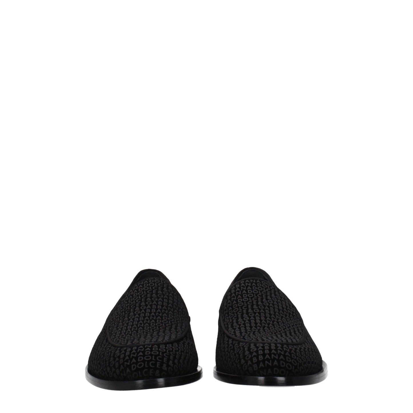 Flat Loafer Slip-On Shoes by Dolce & Gabbana for men in black features an ergonomic silhouette, perfectly showcasing Men's Leather & Velvet Flat Loafer Slip-On Shoes with its distinct flat and elegant round toe style.