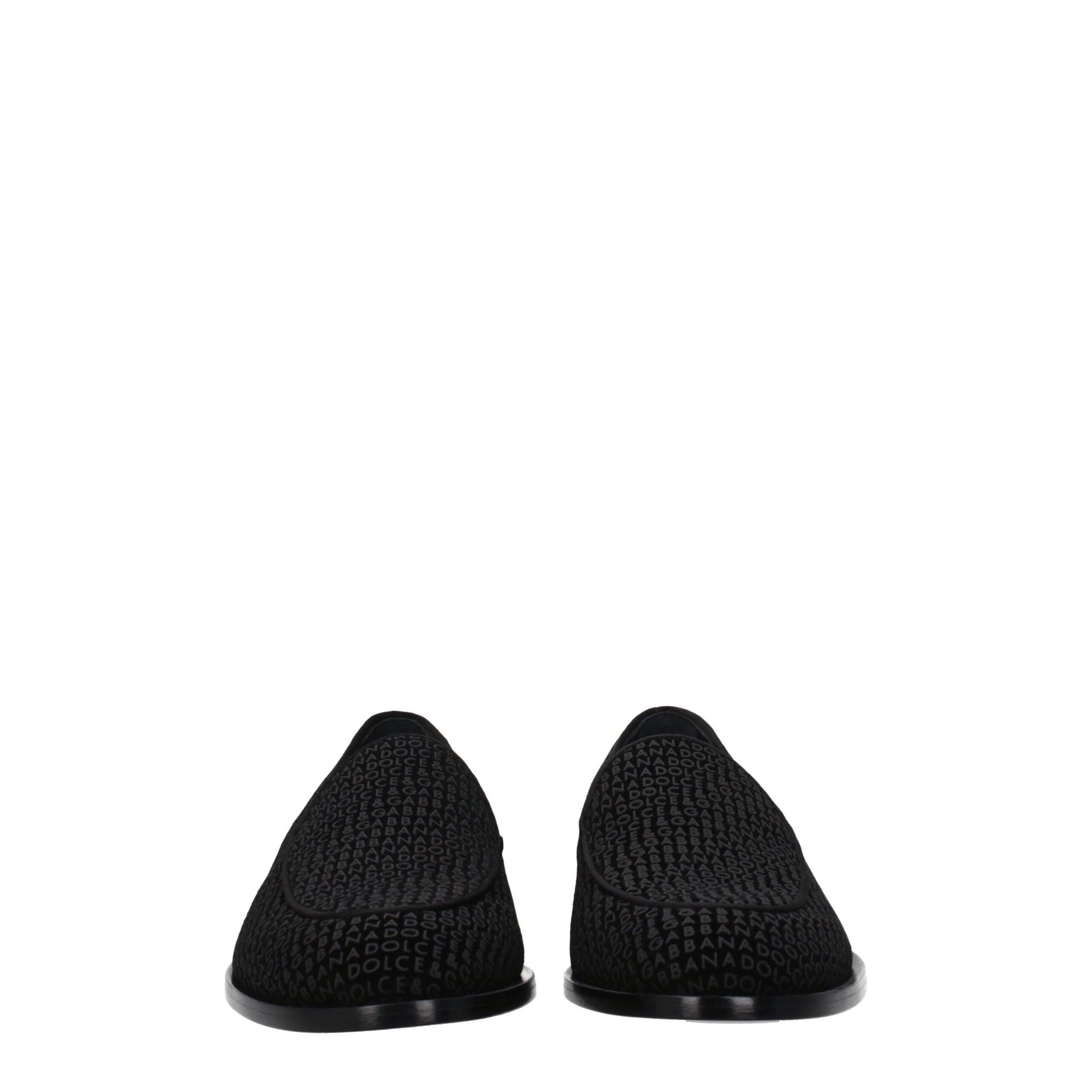 Flat Loafer Slip-On Shoes by Dolce & Gabbana for men in black features an ergonomic silhouette, perfectly showcasing Men's Leather & Velvet Flat Loafer Slip-On Shoes with its distinct flat and elegant round toe style.