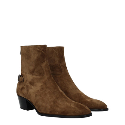 Mid-Heel Ankle Boots by Celine for men in suede leather brown & silver features an dynamic silhouette, showcasing the dynamic Men's Suede Leather Mid-Heel Ankle Boots design with its distinctive 5-cm-heel mid-heel and elegant round toe style.