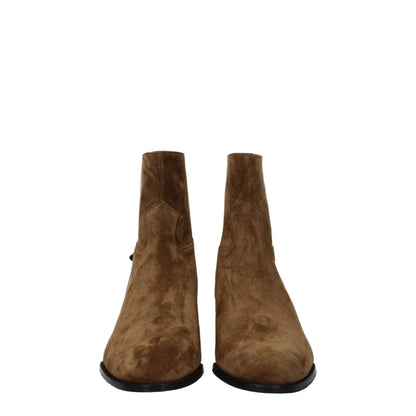 Mid-Heel Ankle Boots by Celine for men in suede leather brown & silver features an effortless chic silhouette from the Men's Suede Leather Mid-Heel Ankle Boots collection, showcasing a effortless chic 5-cm-heel mid-heel and refined round toe style for an effortless chic look.