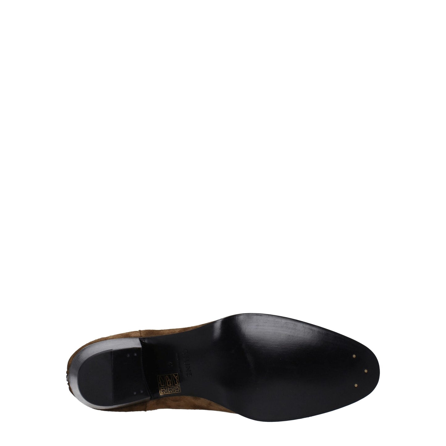 Mid-Heel Ankle Boots by Celine for men in suede leather brown & silver showcases a impeccable silhouette as Men's Suede Leather Mid-Heel Ankle Boots, artfully defined by a impeccable 5-cm-heel mid-heel and a impeccable round toe style.