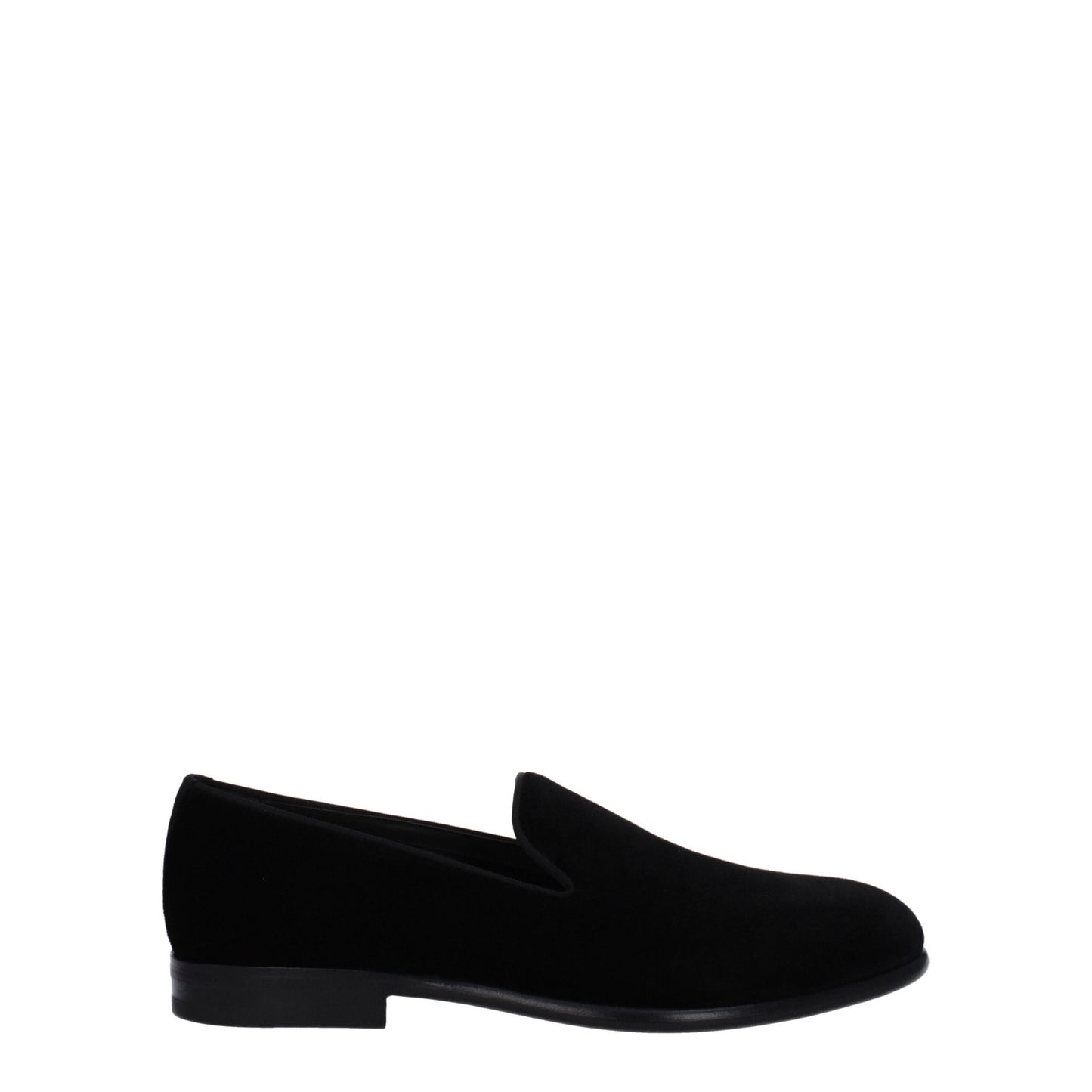 Flat Loafer Shoes by Dolce & Gabbana for men in leather & velvet black showcases a timeless silhouette from the Men's Leather & Velvet Flat Loafer Shoes collection, featuring a timeless flat and round toe style for a timeless finish.