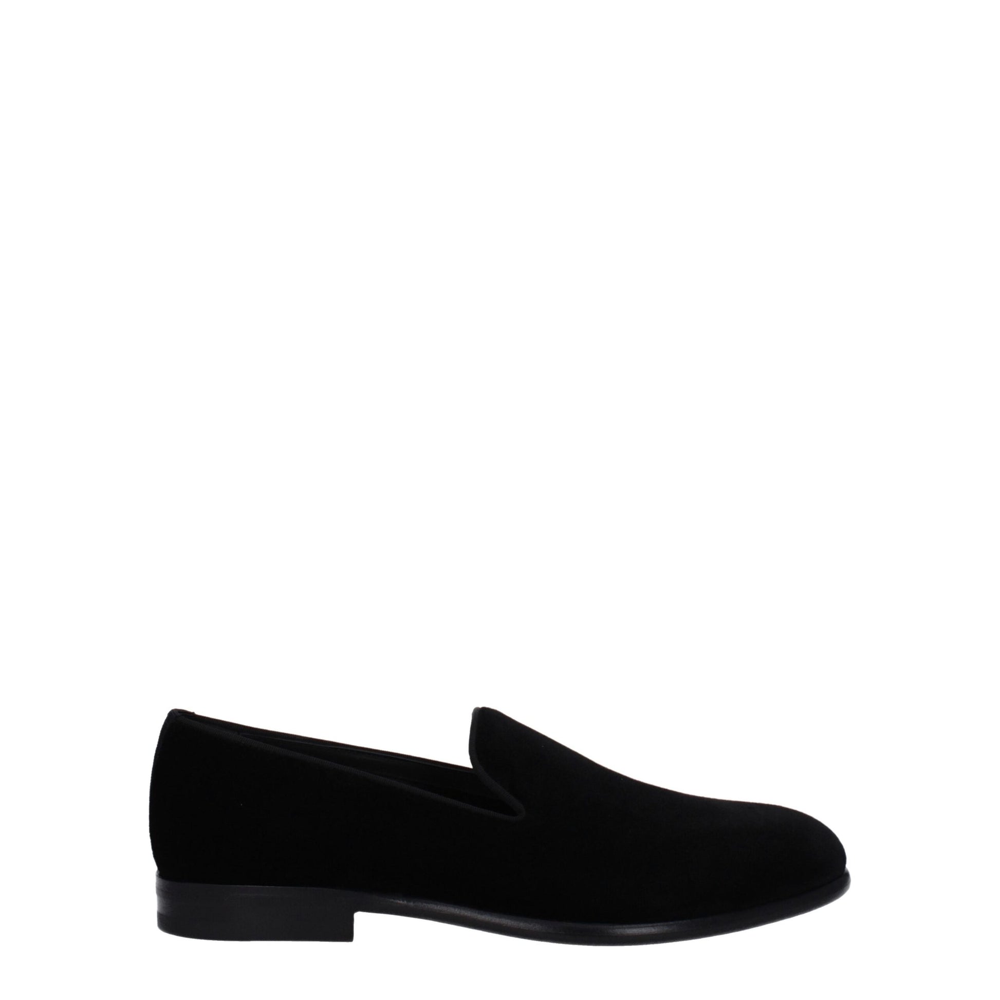 Flat Loafer Shoes by Dolce & Gabbana for men in leather & velvet black showcases a timeless silhouette from the Men's Leather & Velvet Flat Loafer Shoes collection, featuring a timeless flat and round toe style for a timeless finish.