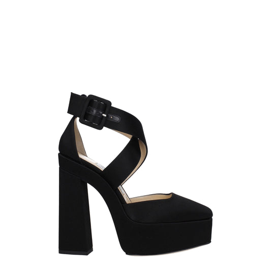 High-Heel Platform Sandals by Jimmy Choo for women in leather & satin black features an architectural design from the Women's Leather & Satin High-Heel Platform Sandals collection, defined by a architectural high-heel platform and square toe style for a architectural finish.