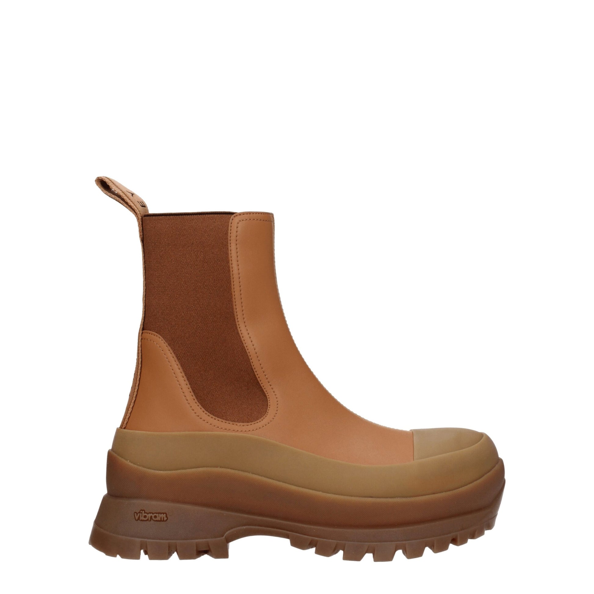 Mid-Heel Ankle Boots by Stella McCartney for women in leather & rubber brown features an avant-garde Women's Leather & Rubber Mid-Heel Ankle Boots silhouette, defined by a sophisticated 5-5-cm-heel mid-heel and a avant-garde round toe style.