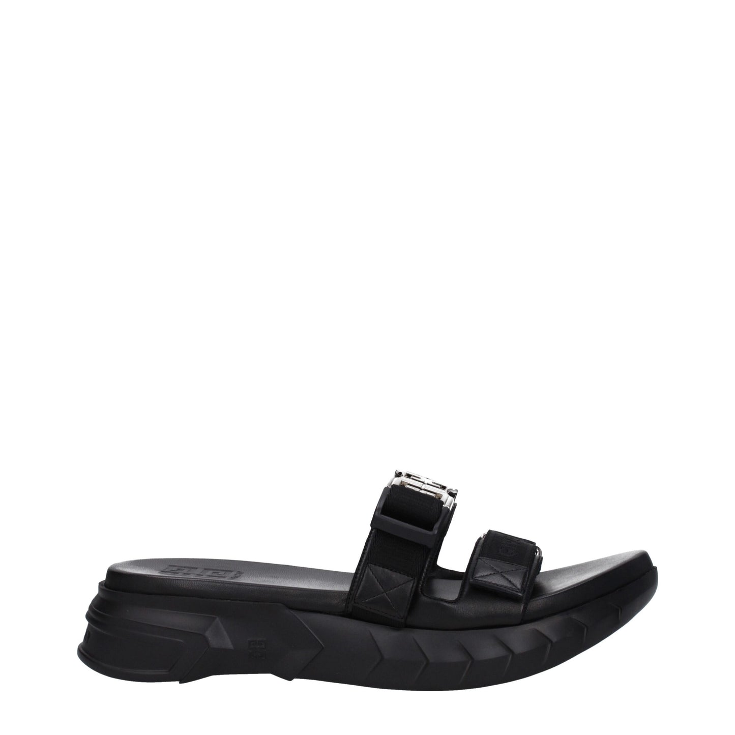 Mid-Heel Clogs Sandals by Givenchy for men in rubber & fabric black & silver presents a sculptural silhouette, showcasing the Men's Rubber & Fabric Mid-Heel Clogs Sandals design with a sculptural 4-cm-heel mid-heel and open toe style for a premium look.
