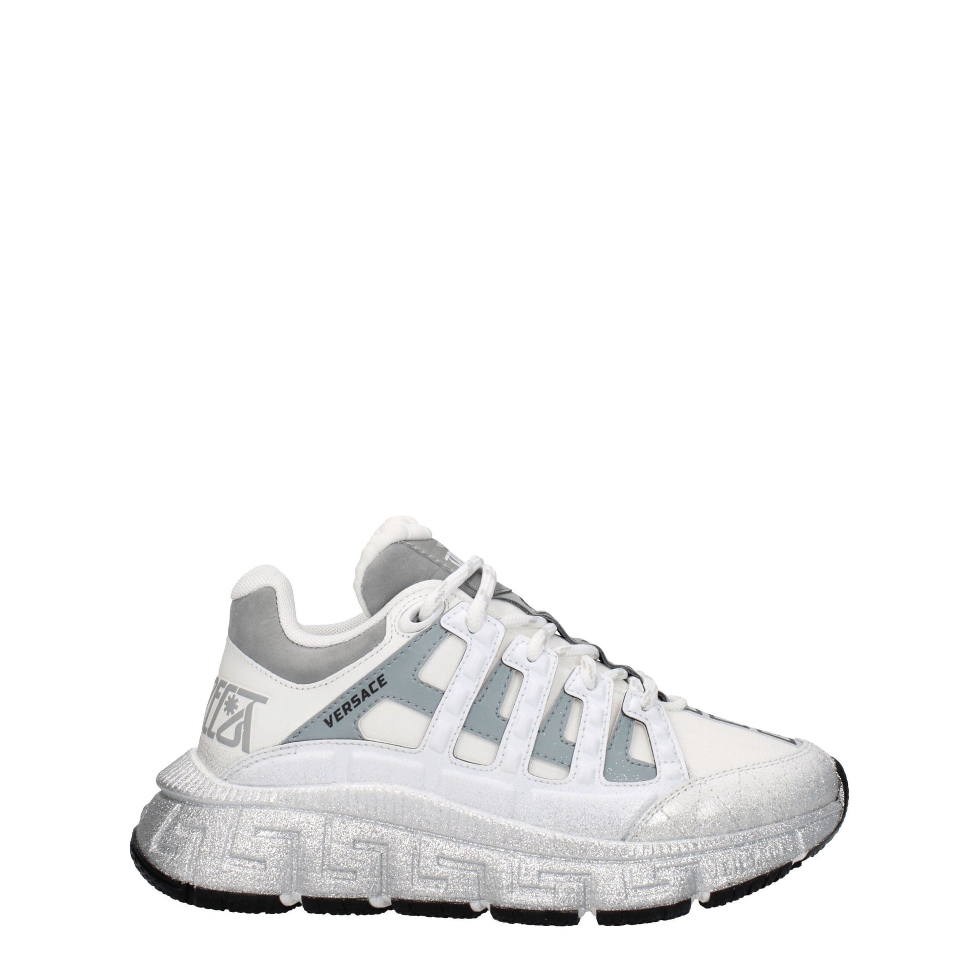 Athletic Sneakers by Versace for women in leather silver & white features an exquisite silhouette, showcasing the premium athletic style of the Women's Athletic Leather Sneakers with an exquisite finish.
