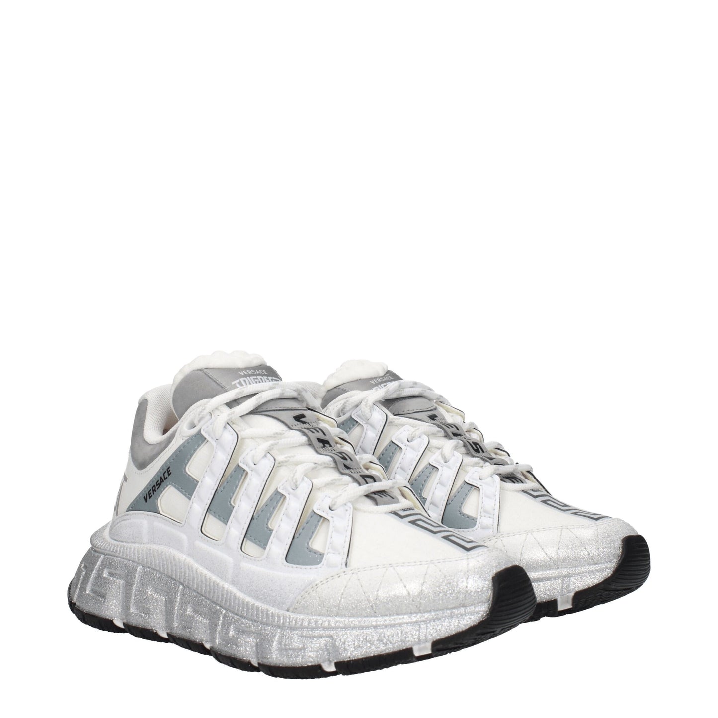 Athletic Sneakers by Versace for women in leather silver & white features an timeless silhouette from the Women's Athletic Leather Sneakers collection, showcasing a timeless athletic style for a timeless look.