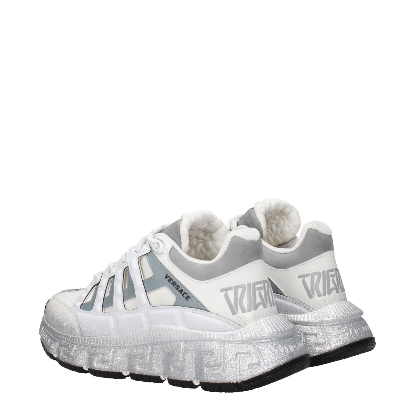 Athletic Sneakers by Versace for women in leather silver & white presents a sleek silhouette, perfectly capturing the athletic style essence of Women's Athletic Leather Sneakers with its sleek design and premium finish.