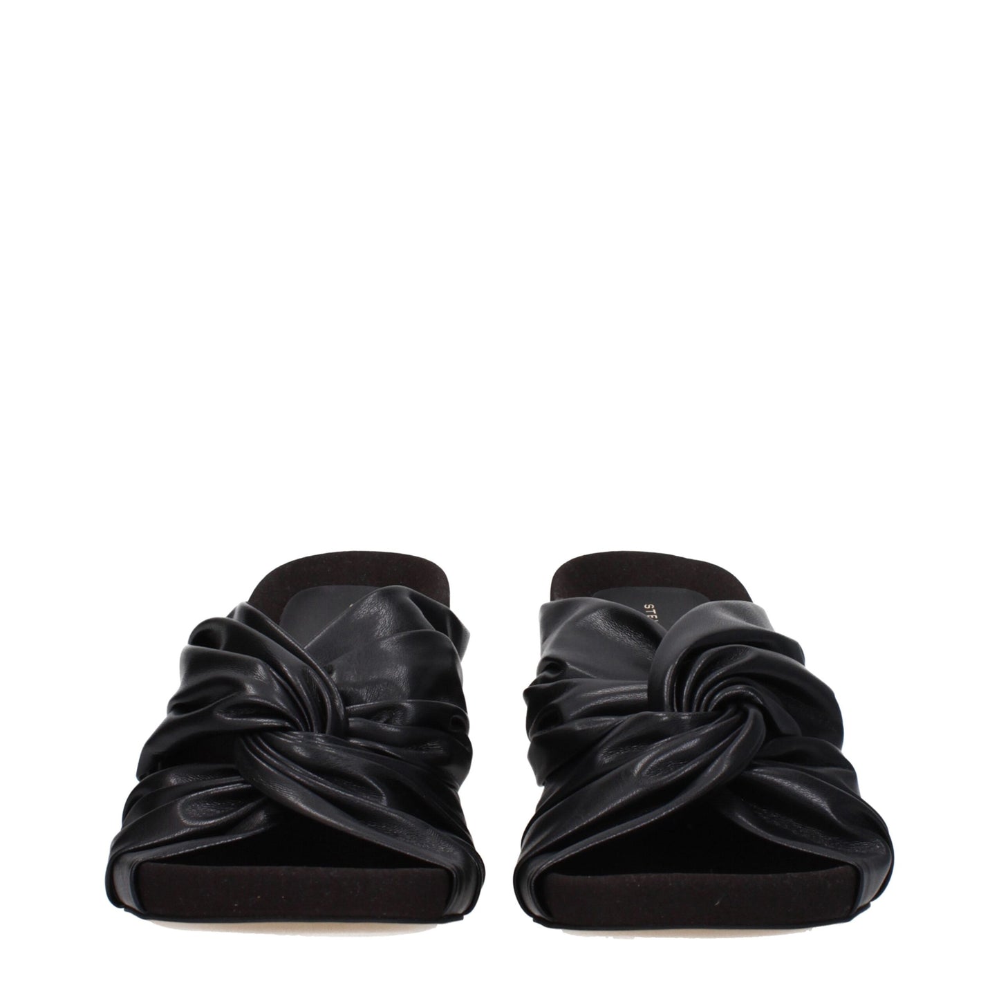 Mid-Heel Sandals by Stella McCartney for women in leather black features an exquisite silhouette, showcasing the exquisite Women's Leather Mid-Heel Sandals with a 7-cm-heel mid-heel and open toe style.