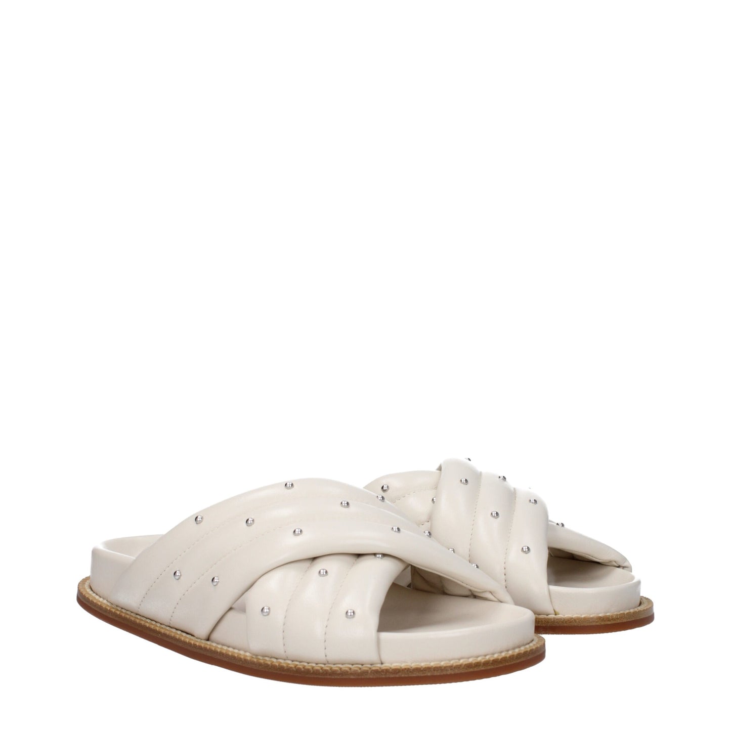 Flat Clogs Sandals by Fabiana Filippi for women in leather & rubber beige & ivory presents a sculptural silhouette, showcasing the Women's Leather & Rubber Flat Clogs Sandals design with a sculptural flat and open toe style for a premium look.