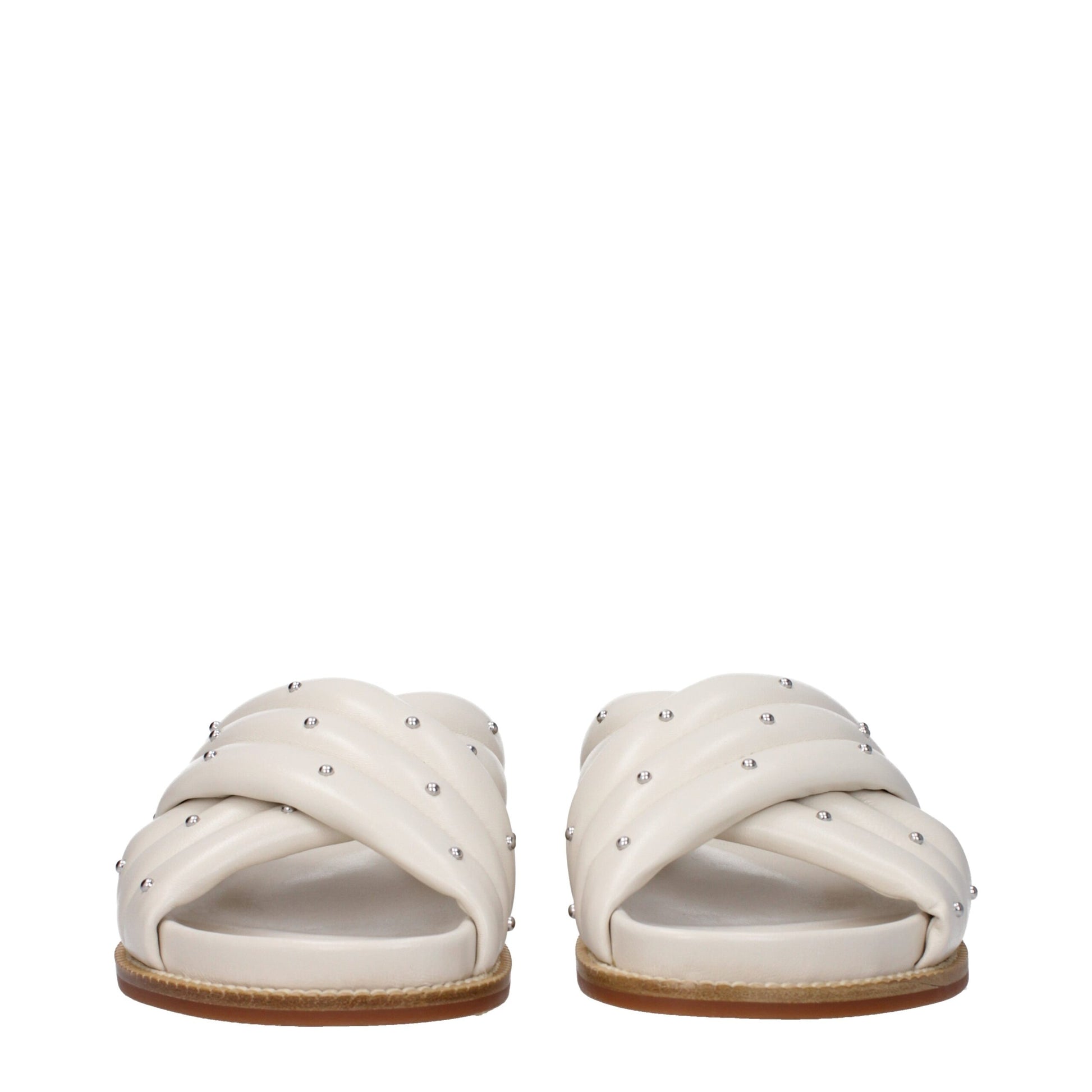 Flat Clogs Sandals by Fabiana Filippi for women in leather & rubber beige & ivory features an statuesque Women's Leather & Rubber Flat Clogs Sandals silhouette with a refined flat and elegant open toe style.