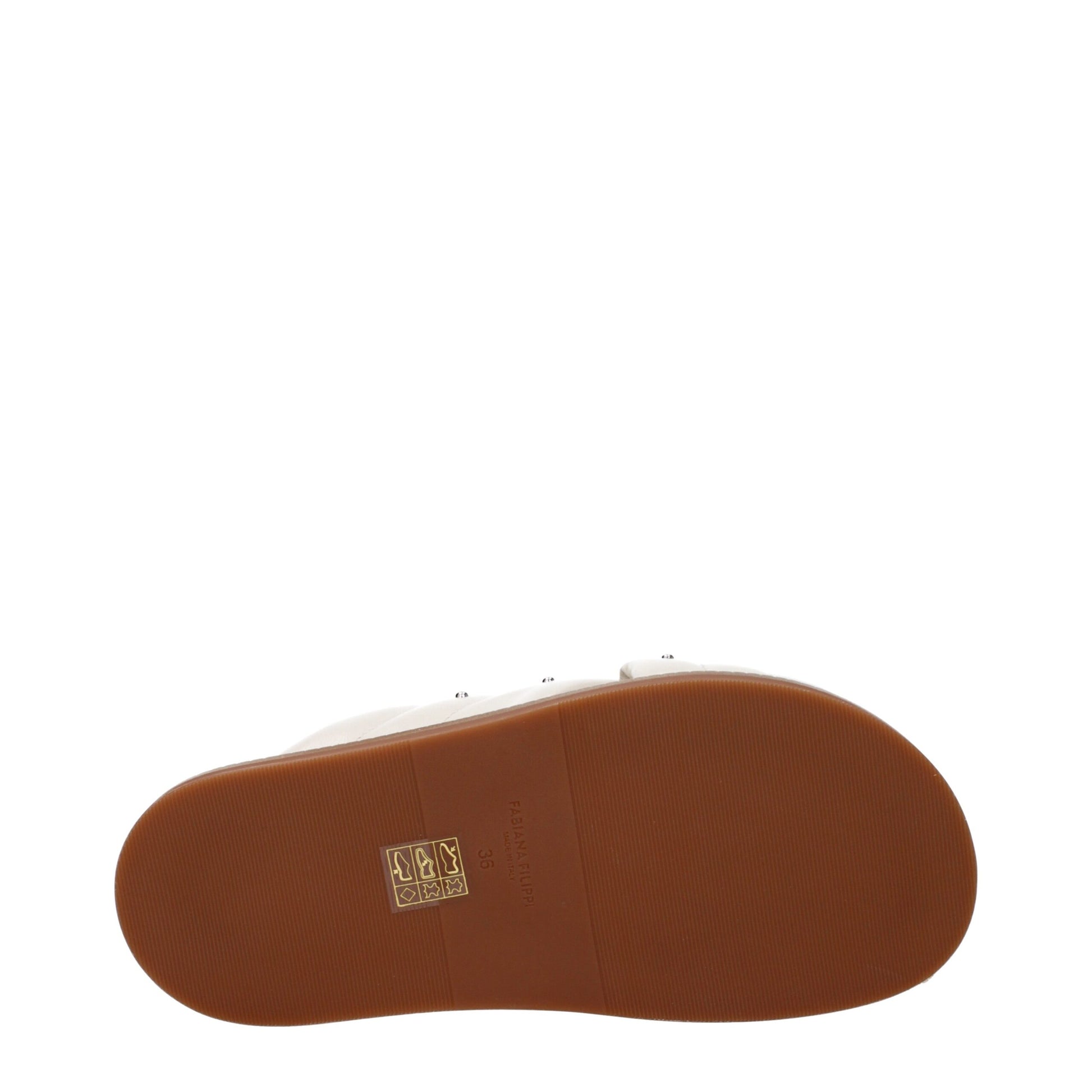 Flat Clogs Sandals by Fabiana Filippi for women in leather & rubber and beige & ivory presents a captivating silhouette, showcasing the signature style of the Women's Leather & Rubber Flat Clogs Sandals with a captivating flat and captivating open toe style.
