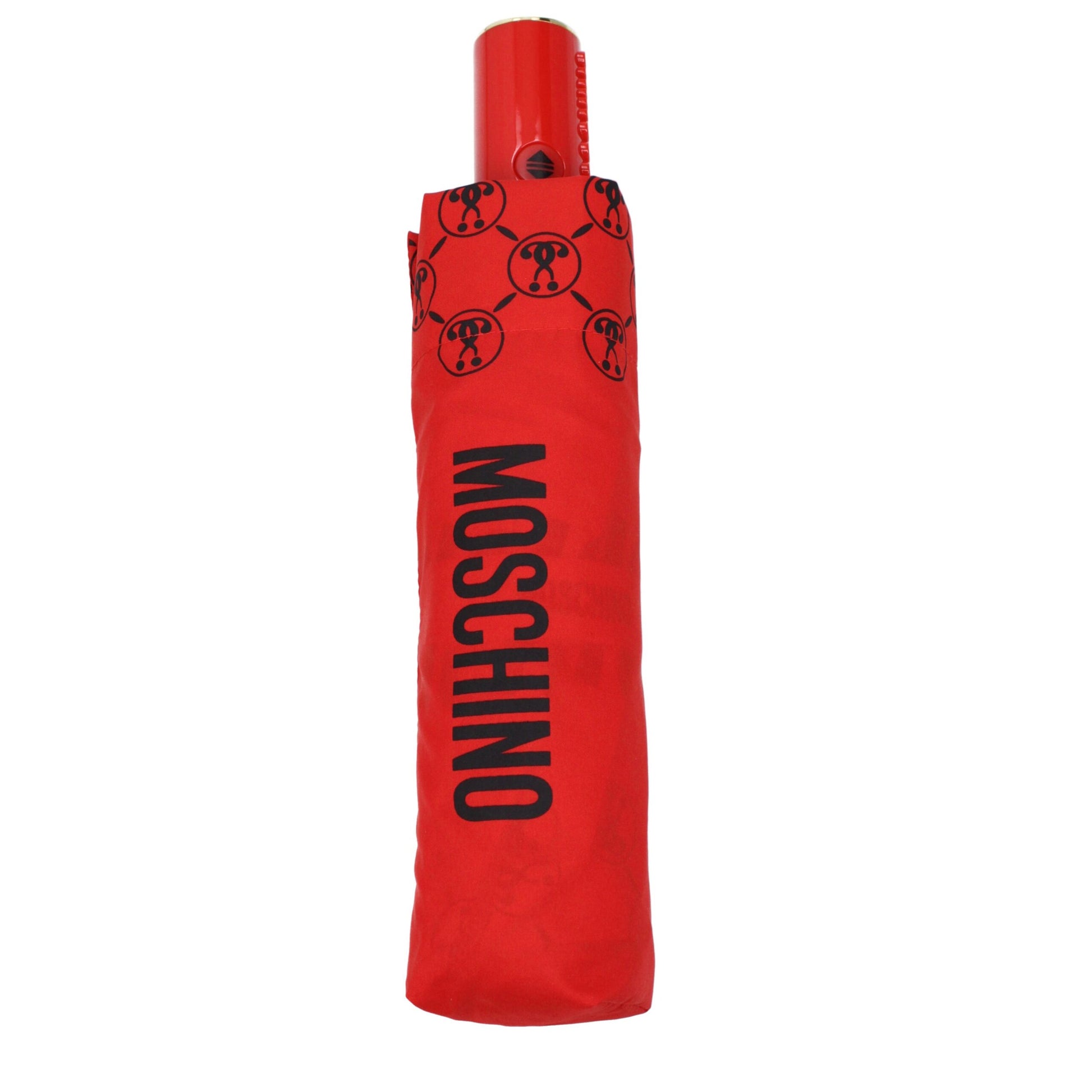 Umbrella by Moschino for women in patent leather red features an meticulous silhouette, showcasing the meticulous craftsmanship of this Polyester Umbrella for a sophisticated look.